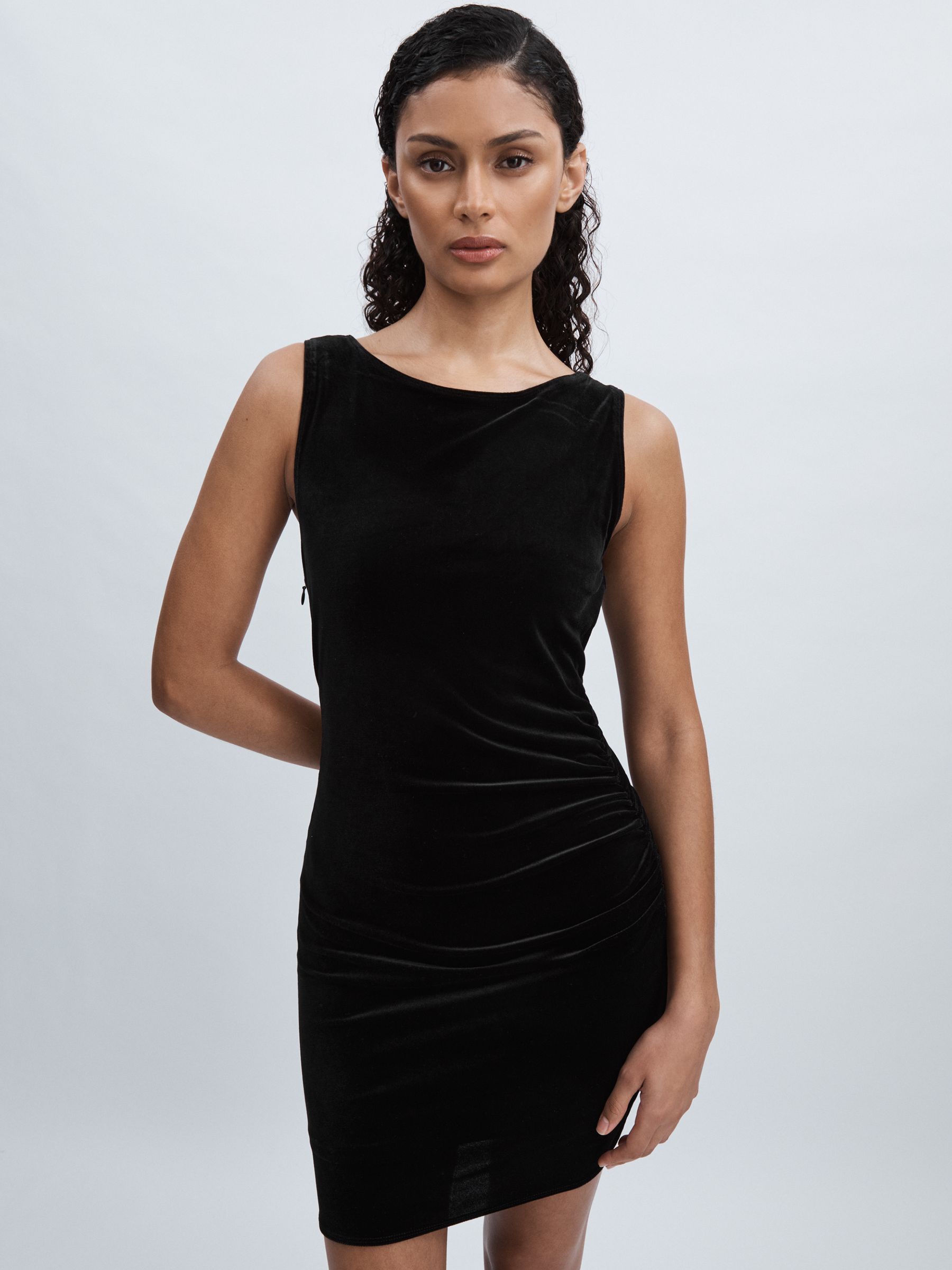 Good American Velvet Ruched Mini Dress in Black