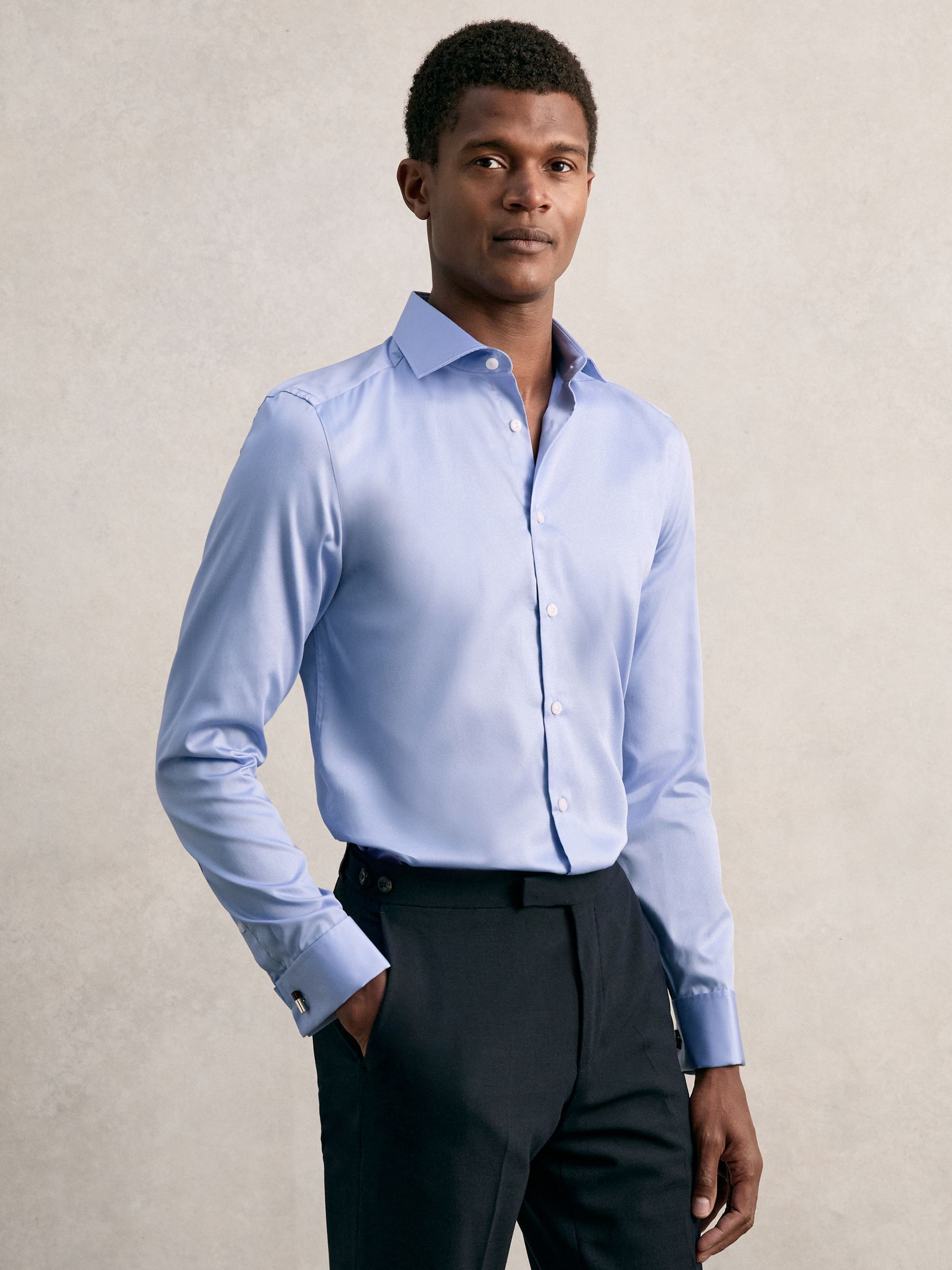 Slim Fit Cotton-Sateen Shirt in Mid Blue