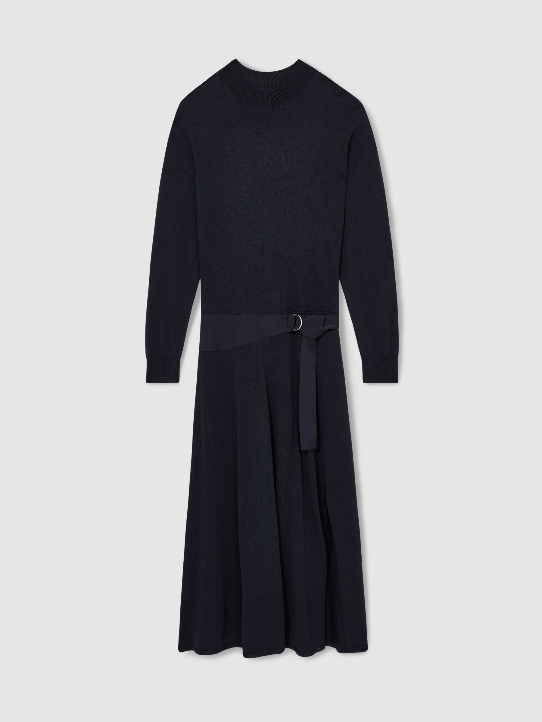 Petite Compact-Knit Belted Midi Dress in Navy
