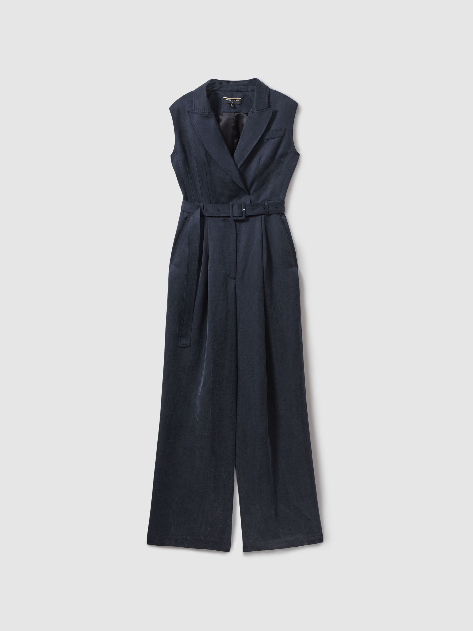 Atelier Cupro Belted Tux Jumpsuit in Navy