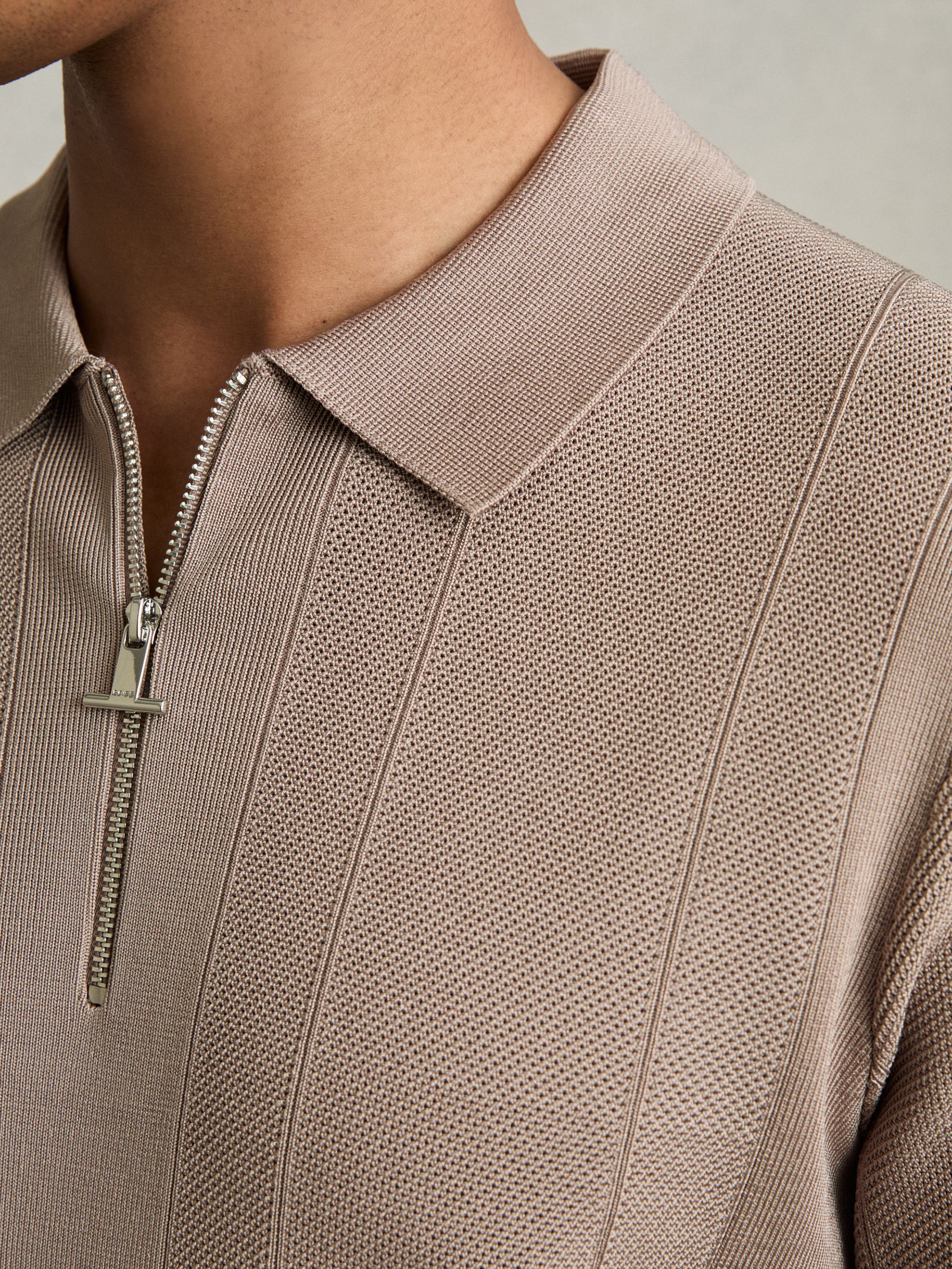 Half-Zip Textured-Knit Polo Shirt in Taupe Brown