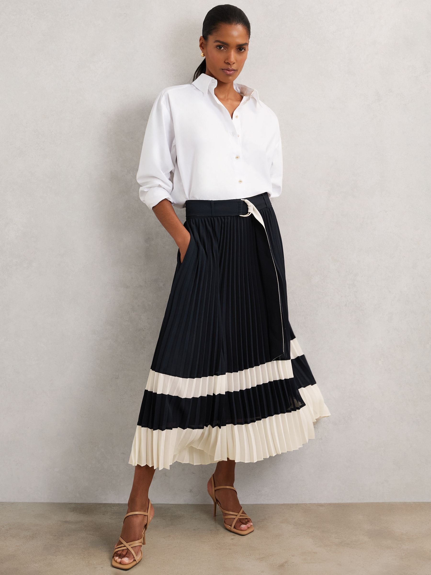 Belted Pleated Midi Skirt in Navy/Ivory
