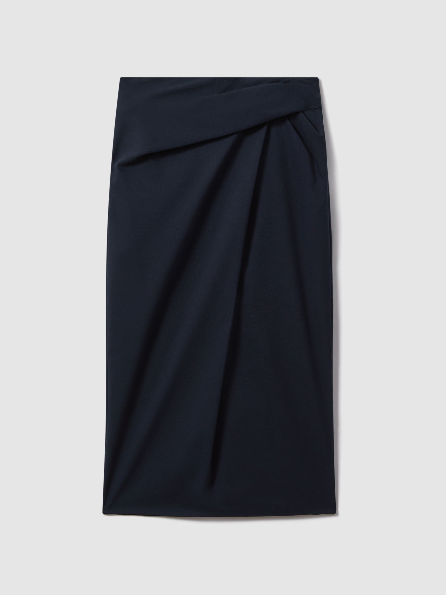Cotton Blend Wrap Front Midi Skirt in Navy