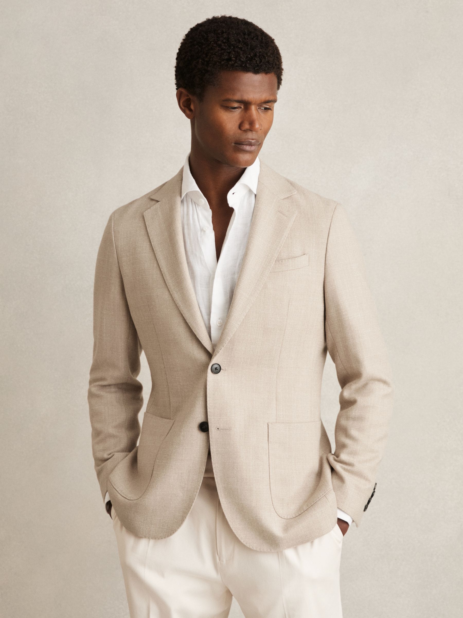 Slim-Fit Single-Breasted Wool-Blend Textured Blazer in Oatmeal