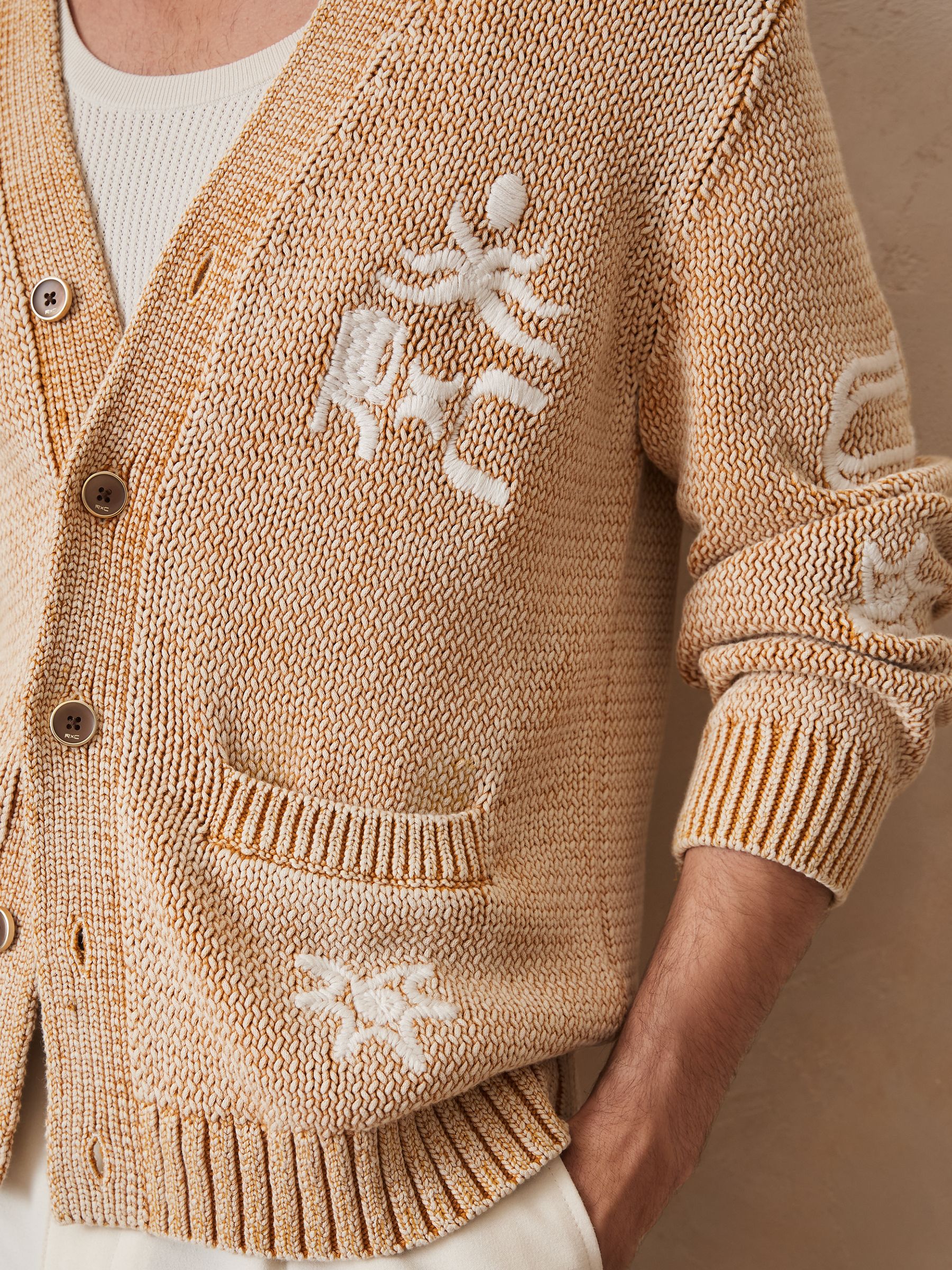 Reiss | Ché Motif-Embroidered Cardigan in Camel