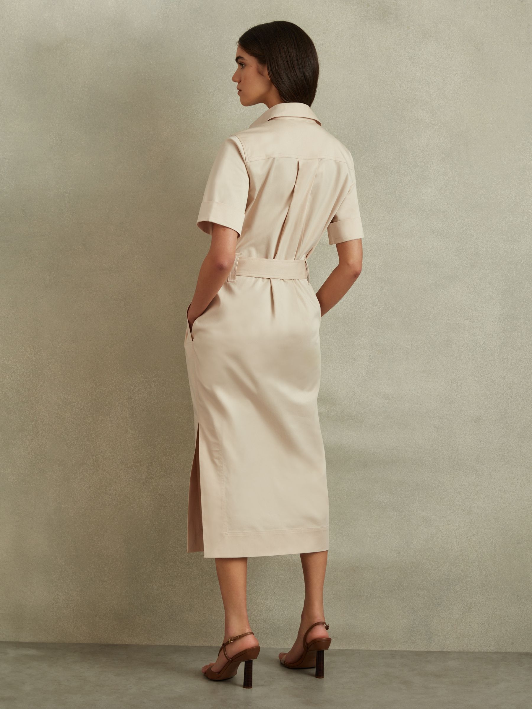 Cotton Blend Utility Belted Midi Dress in Stone