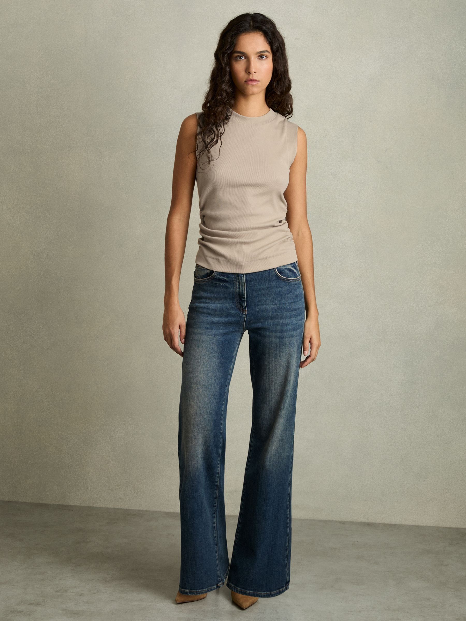 Ribbed Ruched Waist Vest in Light Camel