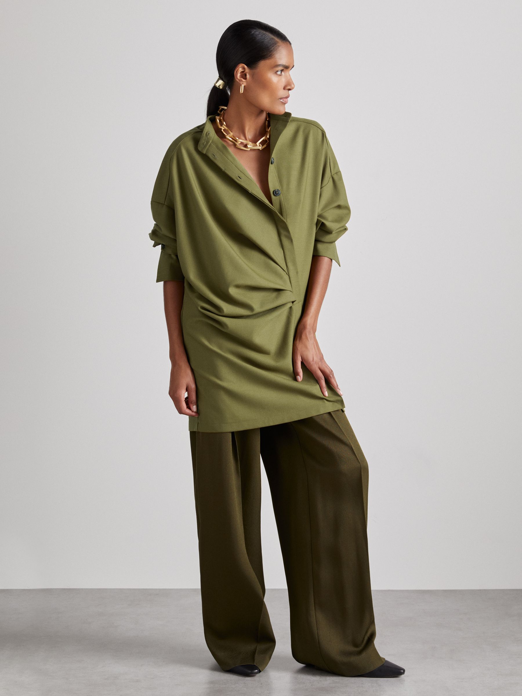 Atelier Draped Shirt Dress with Wool in Khaki