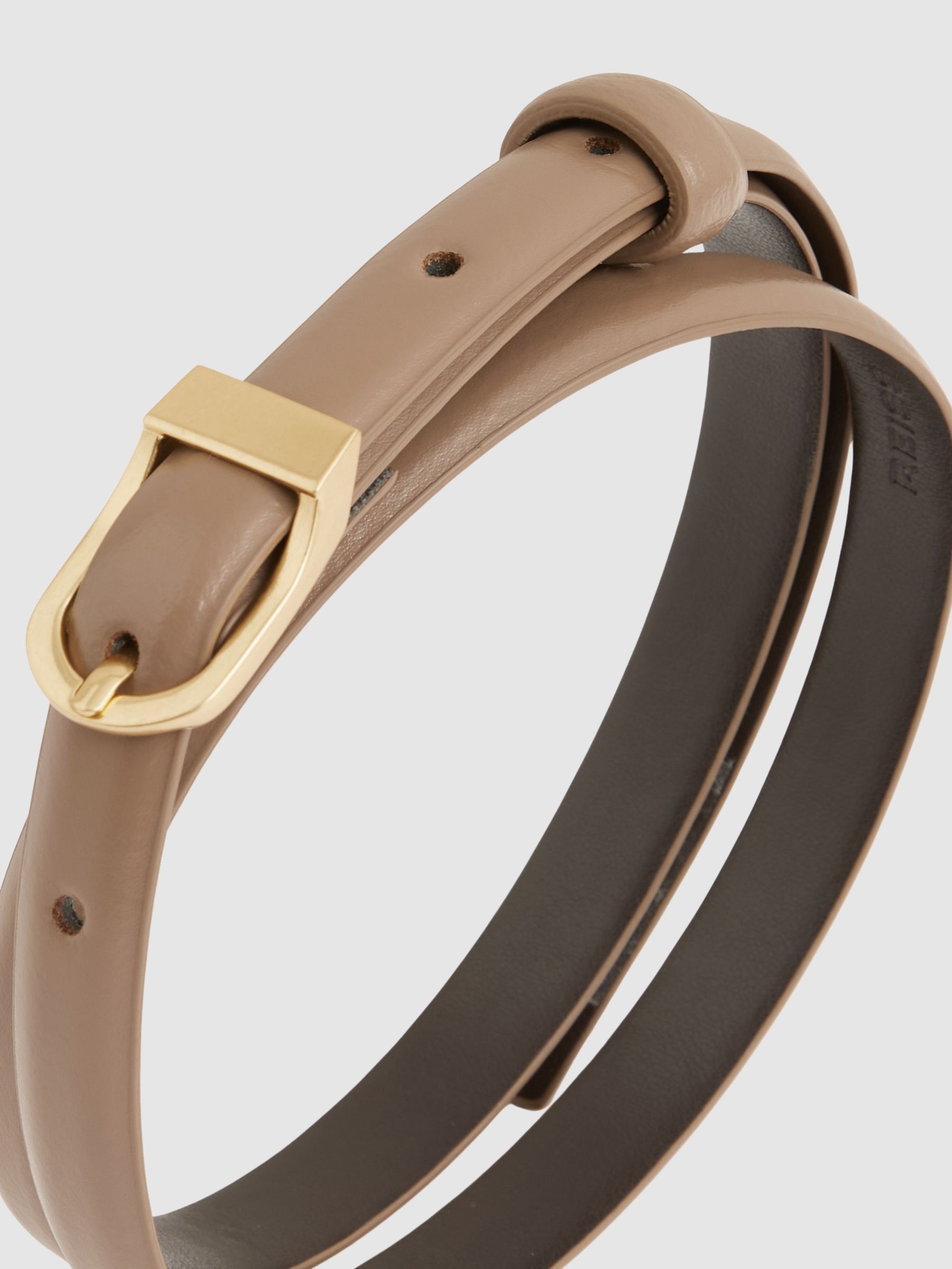 Leather Curved-Buckle Skinny Belt in Taupe