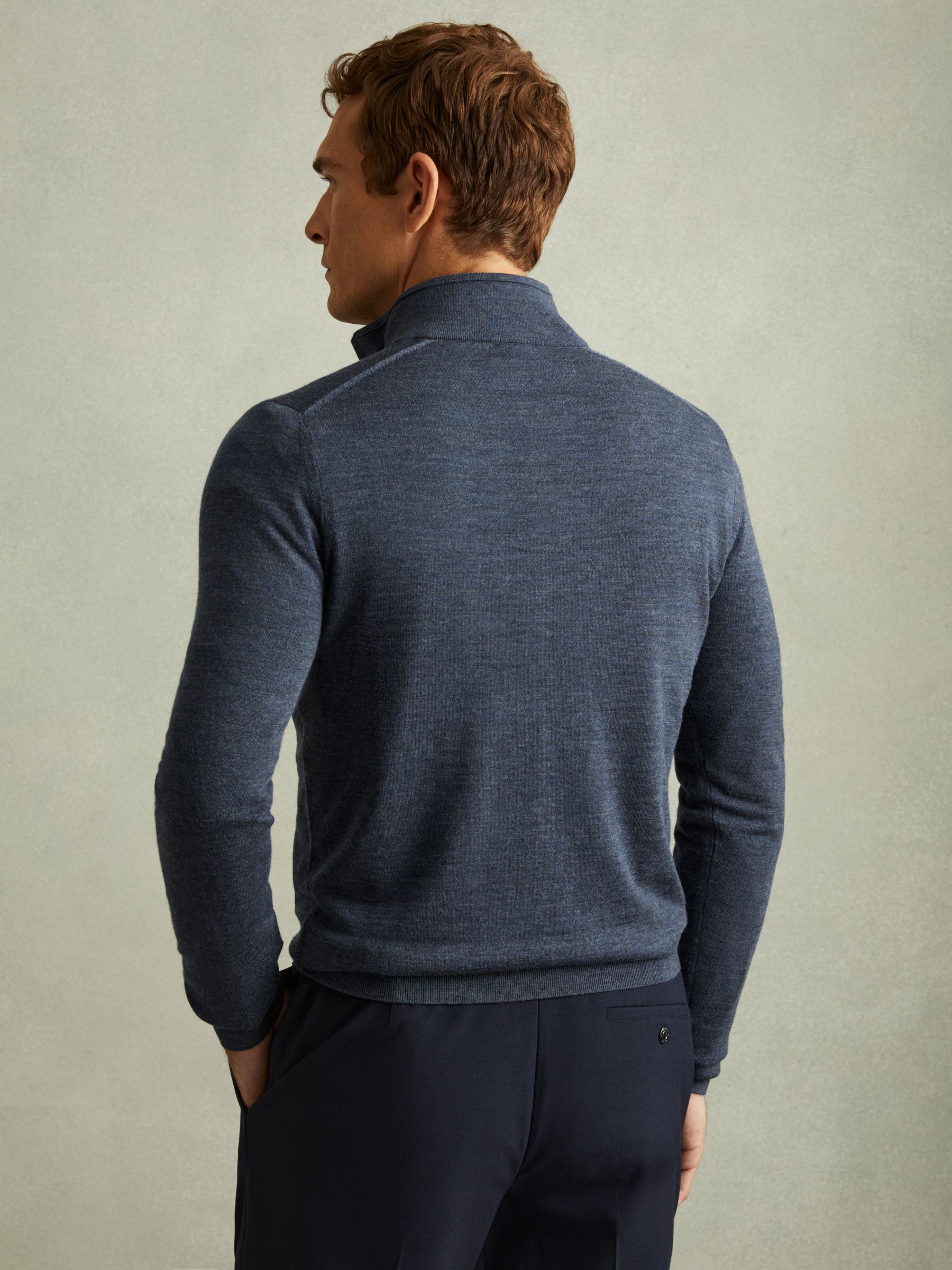 Merino Wool Half-Zip Funnel Neck Jumper in Dark Airforce Blue Melange