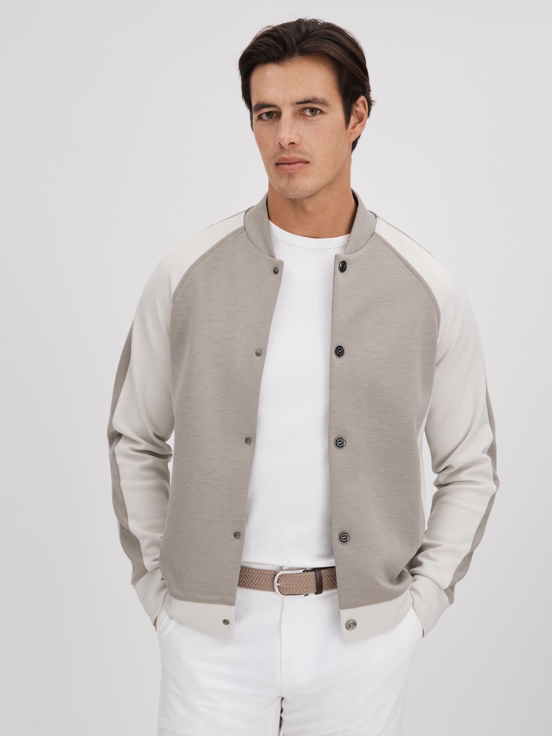 Colourblock Jersey Bomber Jacket in Taupe/White