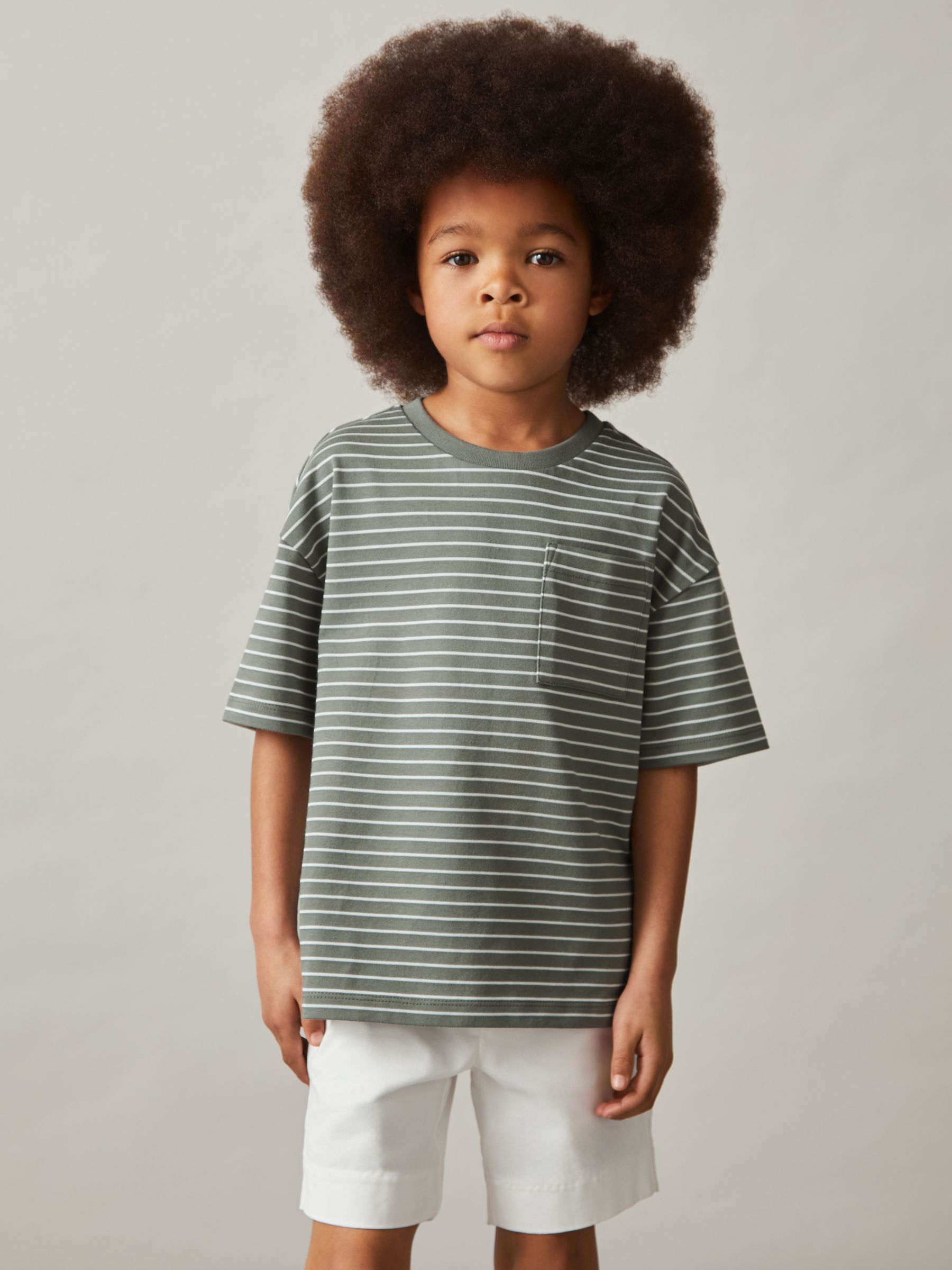 13-14 yrs Cotton-Blend Stripe T-Shirt in Sage/White