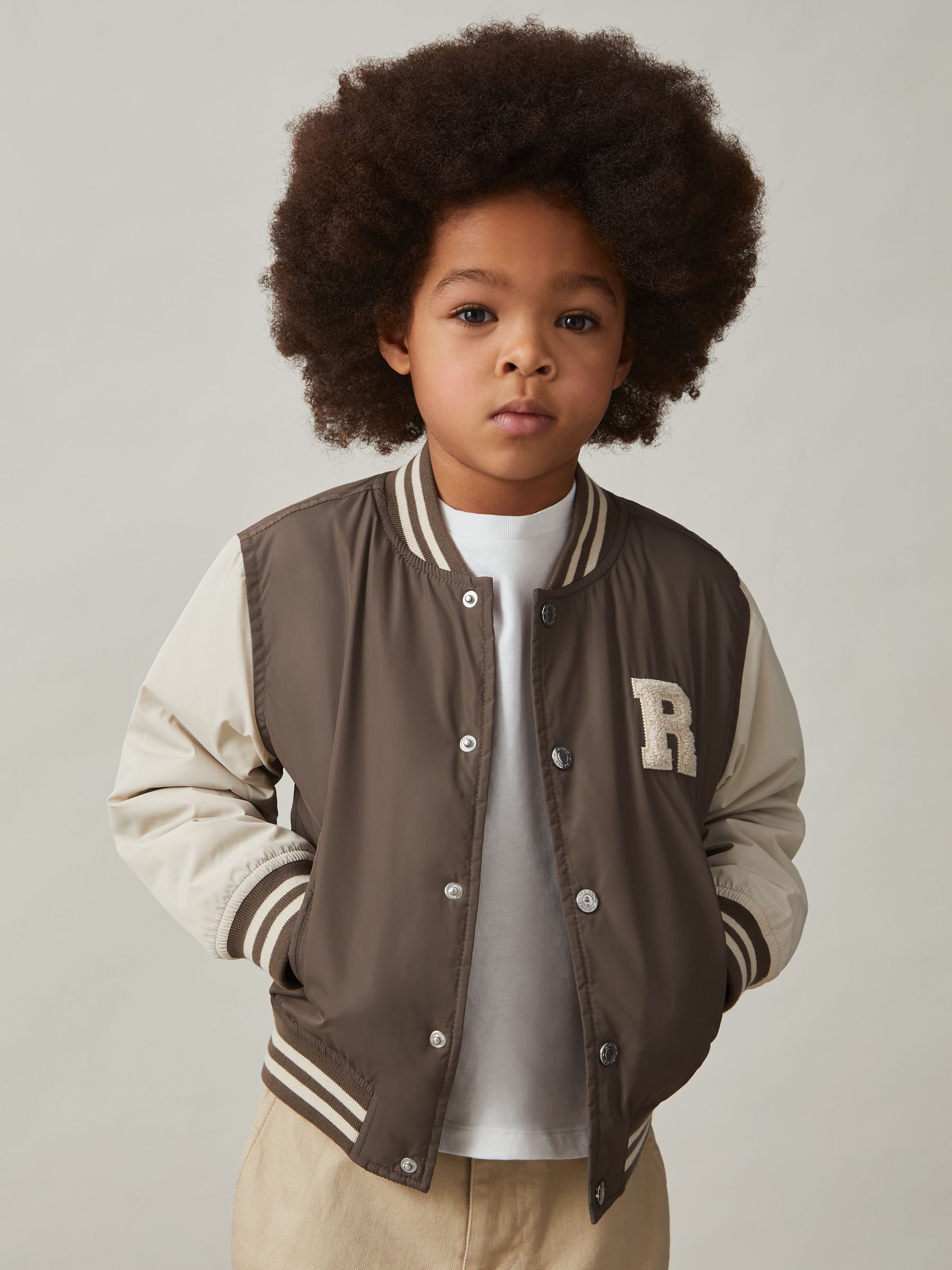 9-13 yrs Colour-Block Varsity Bomber Jacket in Mink Brown/Off White
