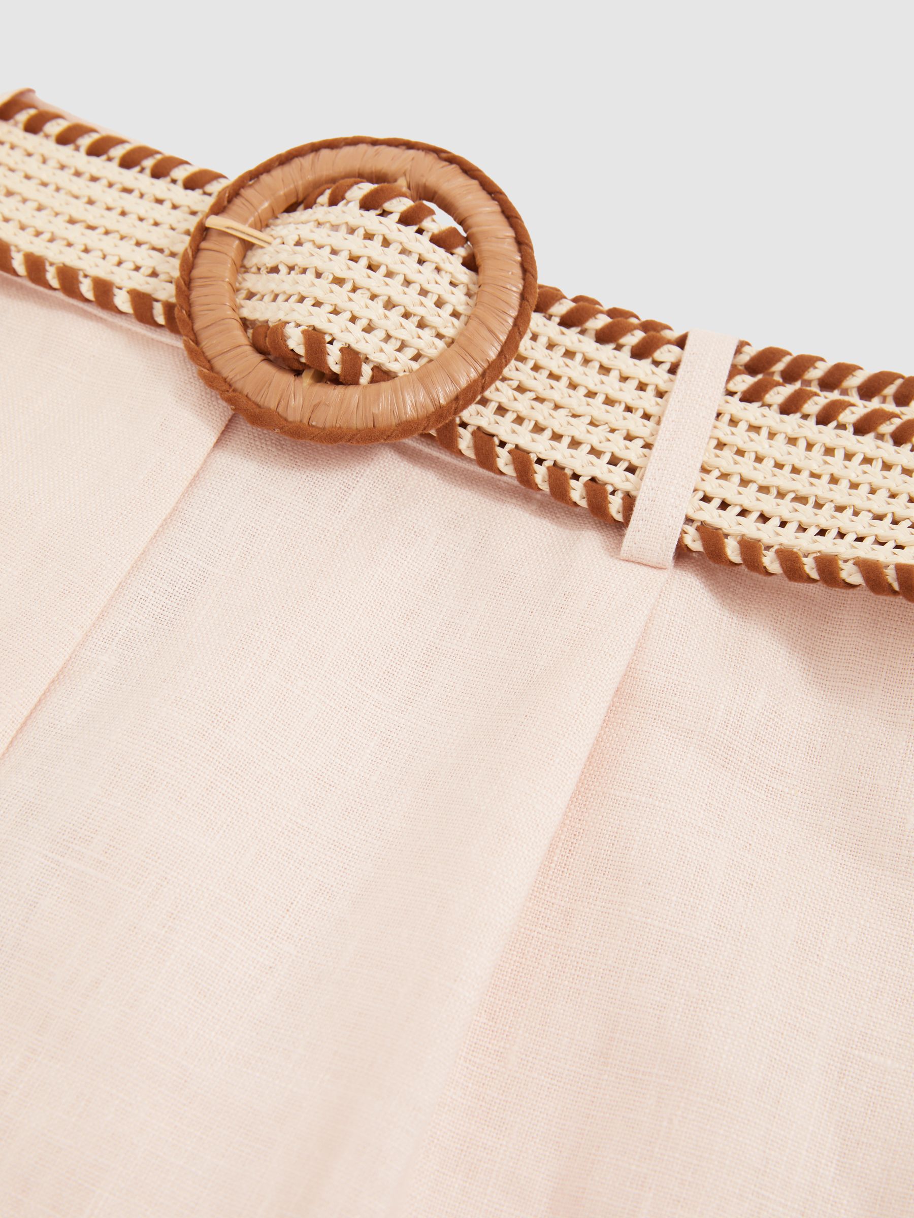 Linen Pleat-Front Belted Shorts in Pink