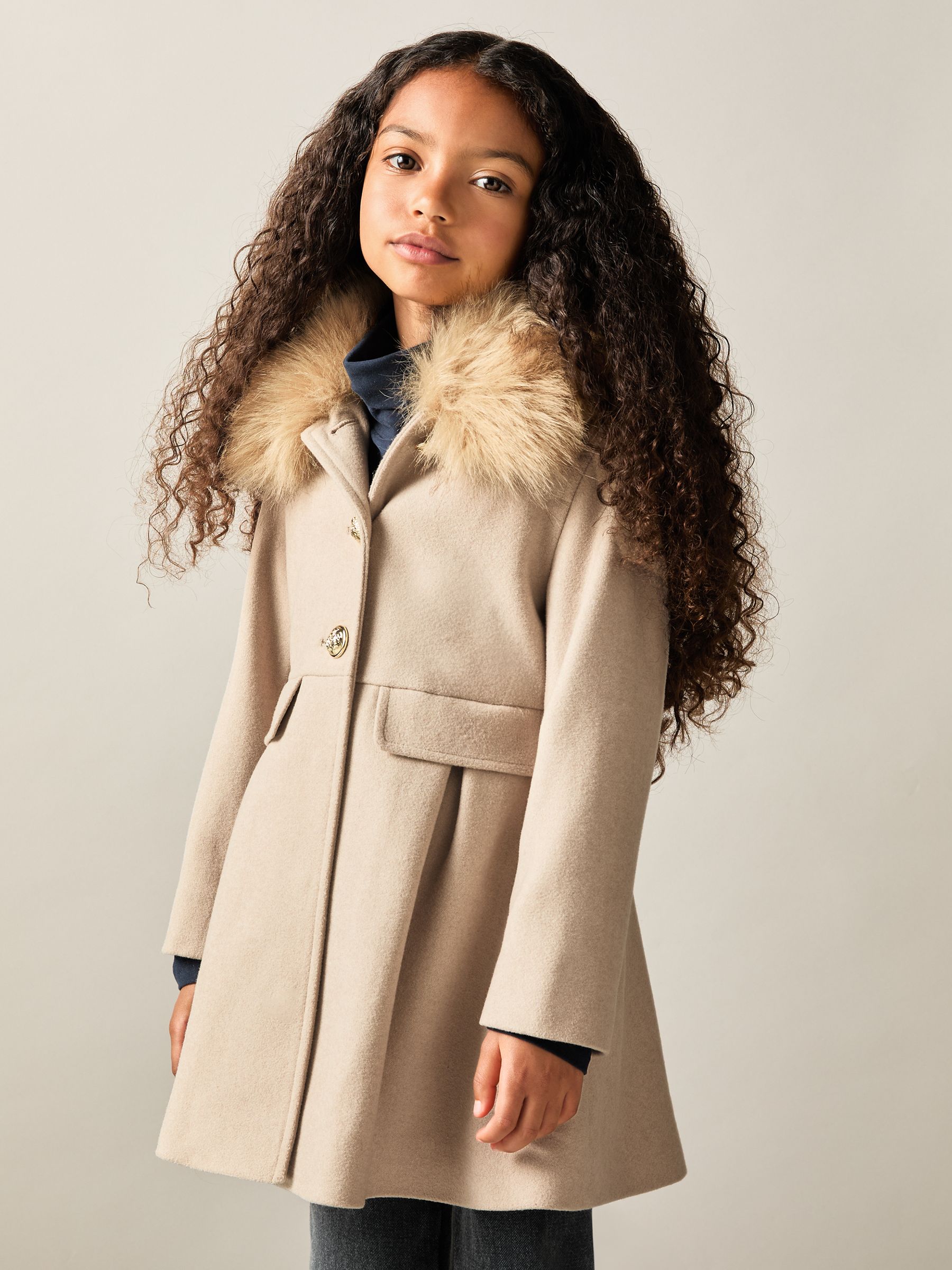 13-14 yrs Faux Fur Collar Wool Blend Coat in Oatmeal