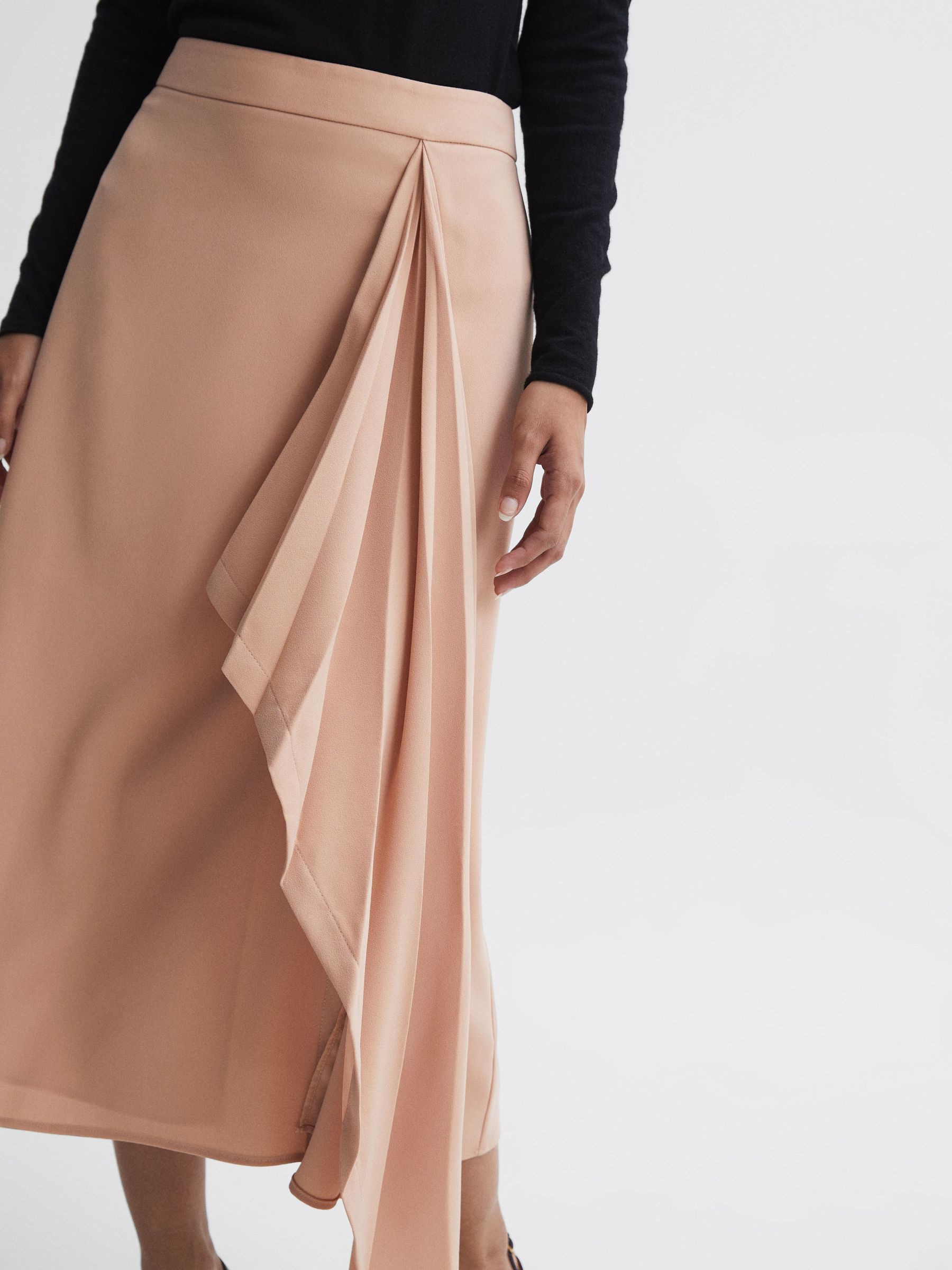 High Rise Ruffle Midi Skirt in Camel