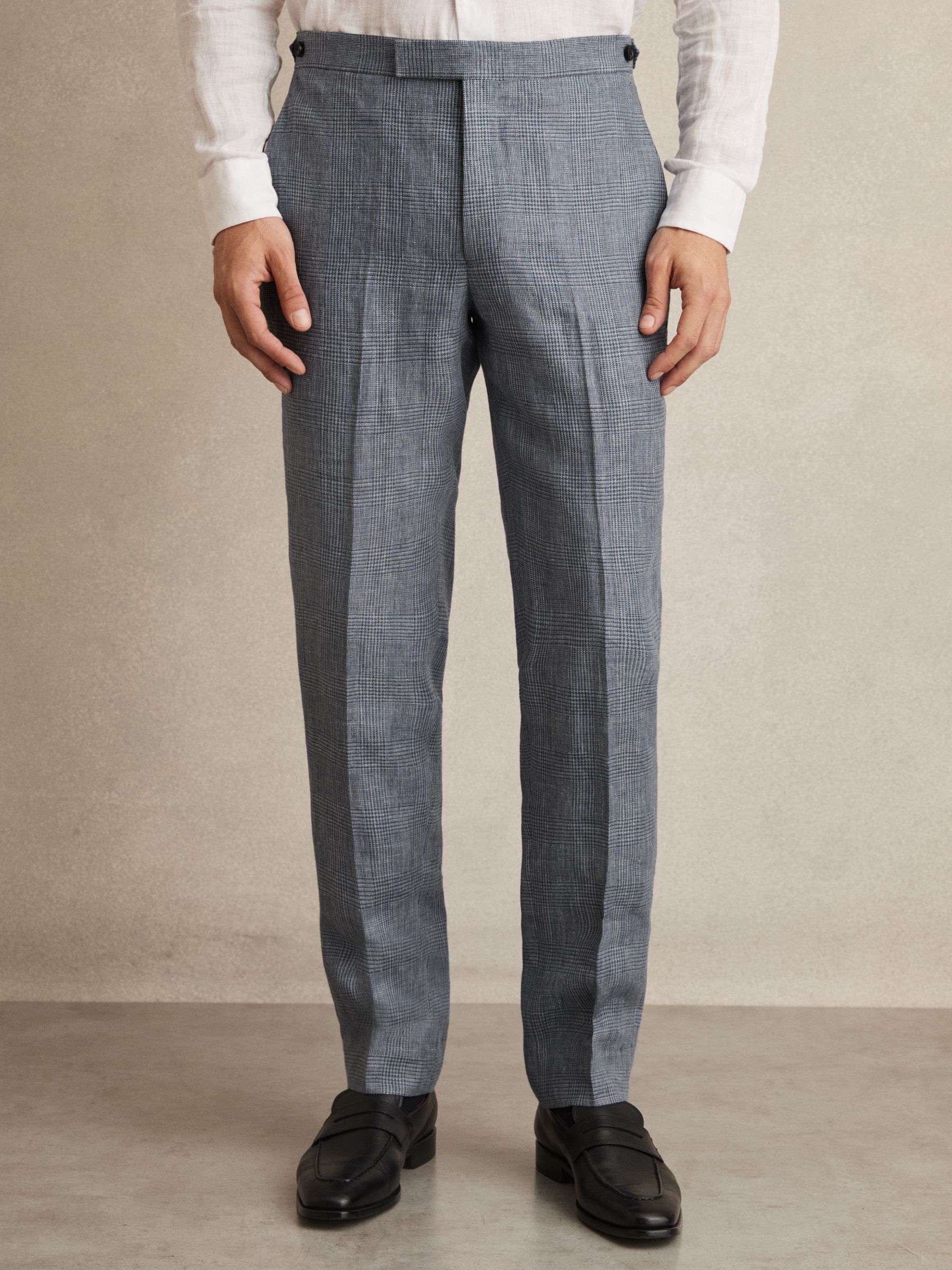Slim Fit Linen Check Suit Trousers in Soft Blue