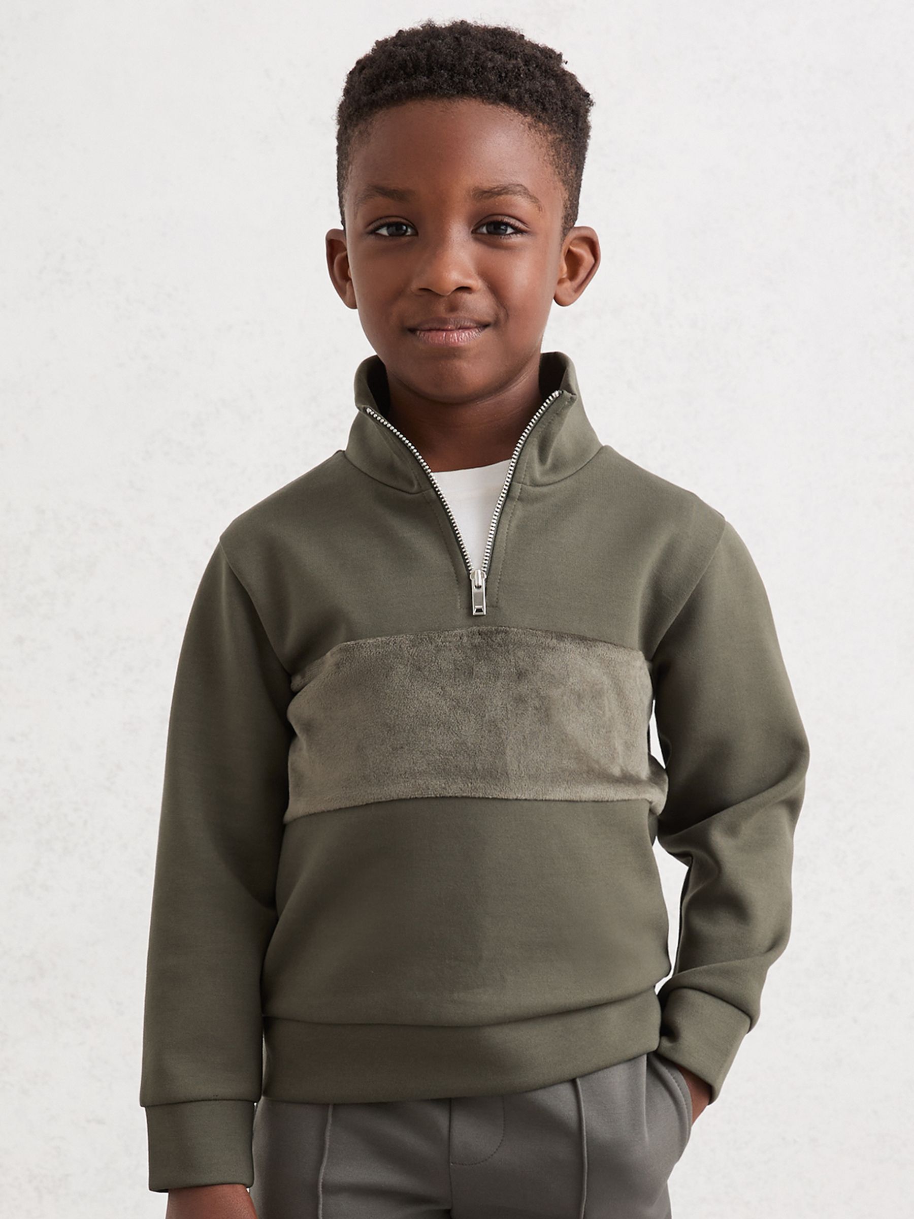 9-13 yrs Slim Fit Half-Zip Funnel Neck Velour Sweatshirt in Dark Sage Green
