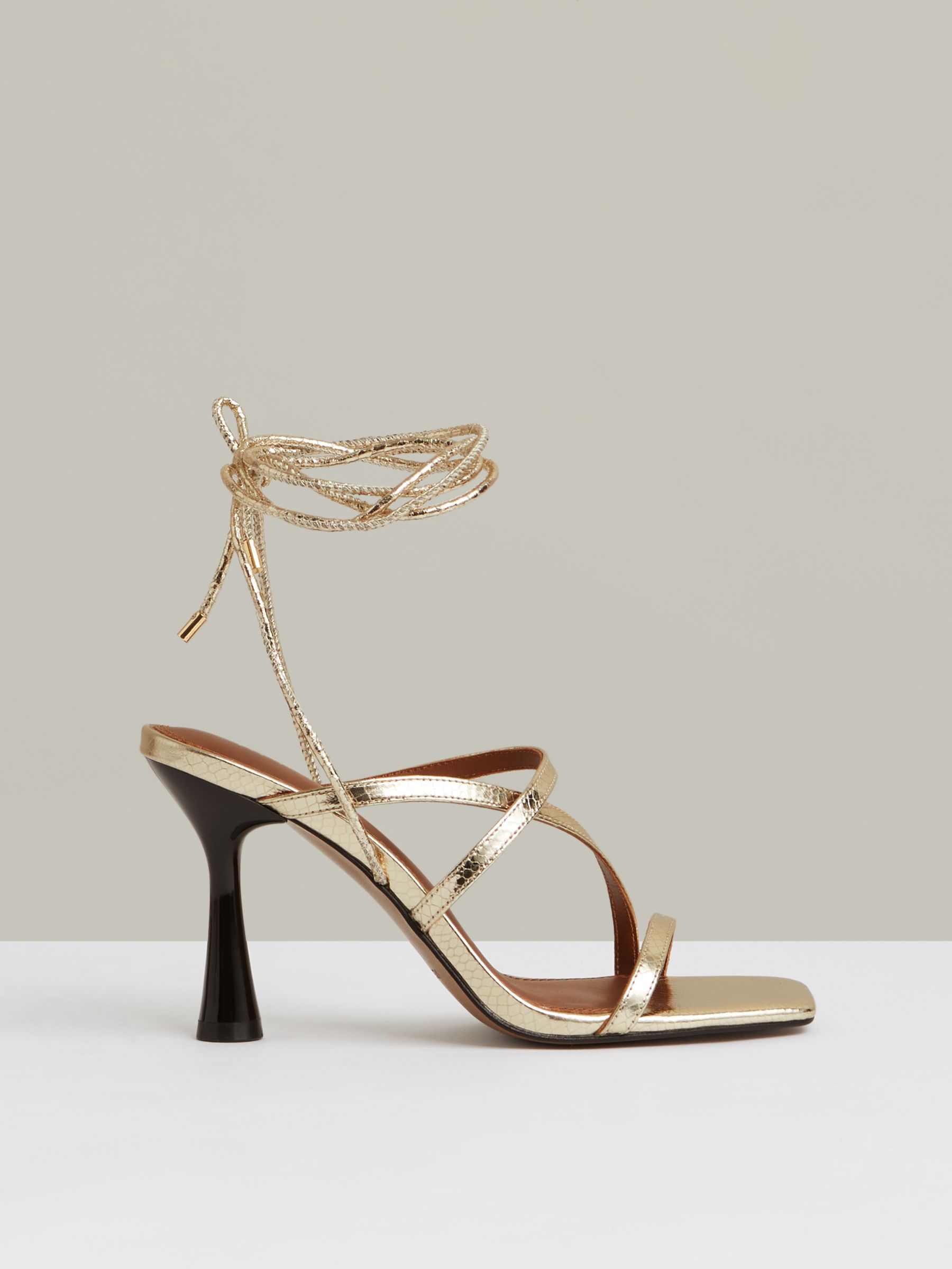 Leather Metallic Strappy Heeled Sandals in Gold