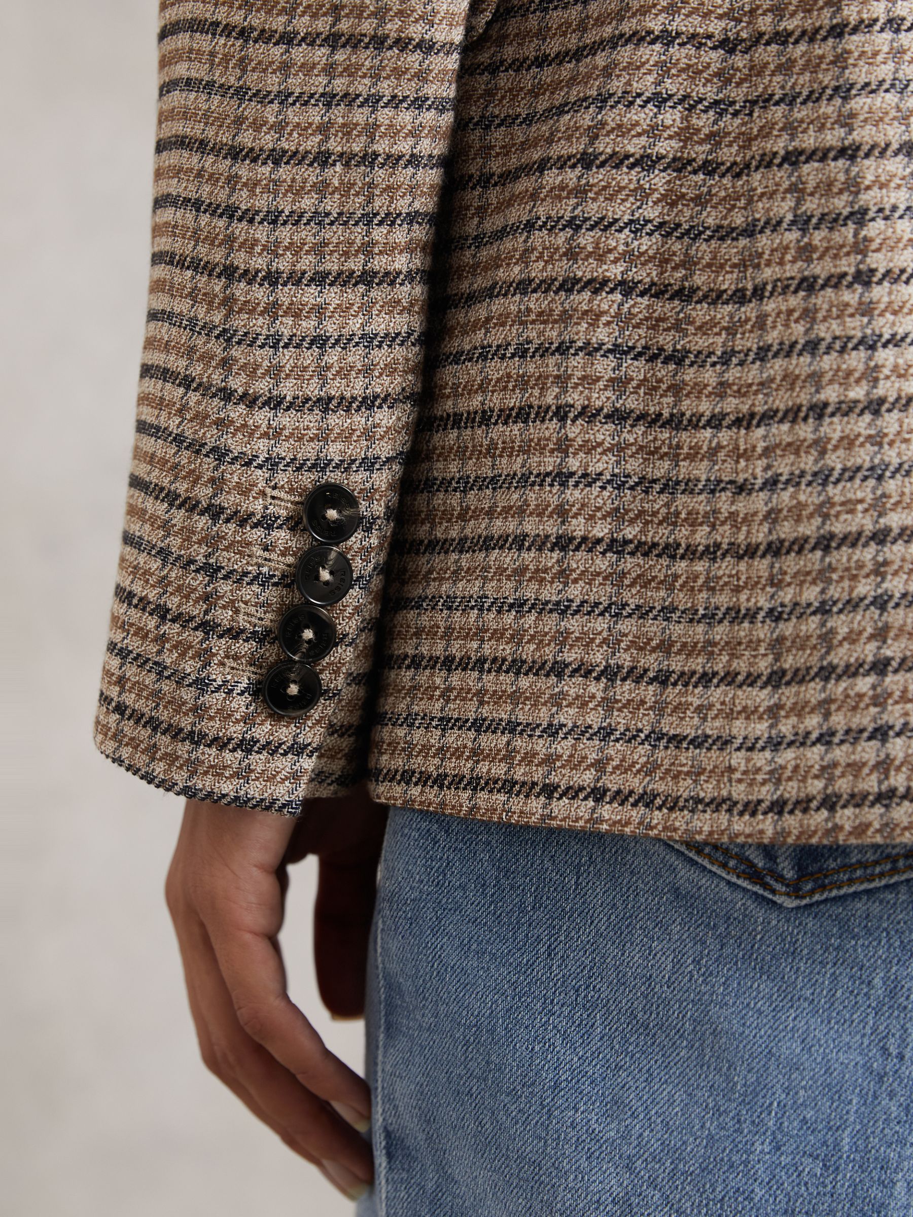 Single-Breasted Check Suit Blazer With Linen in Neutral Check