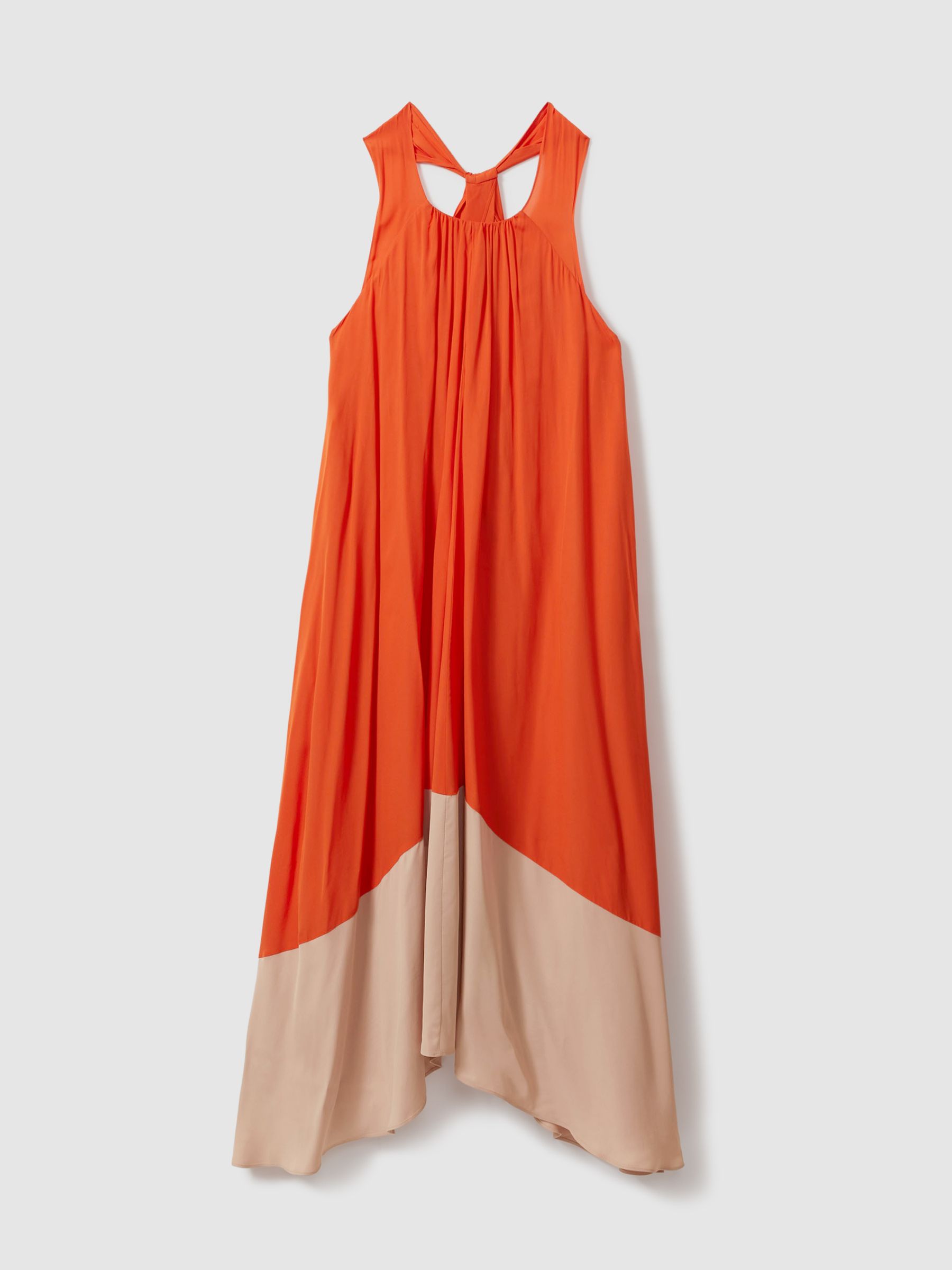 Ruched Dipped Hem Midi Dress in Orange