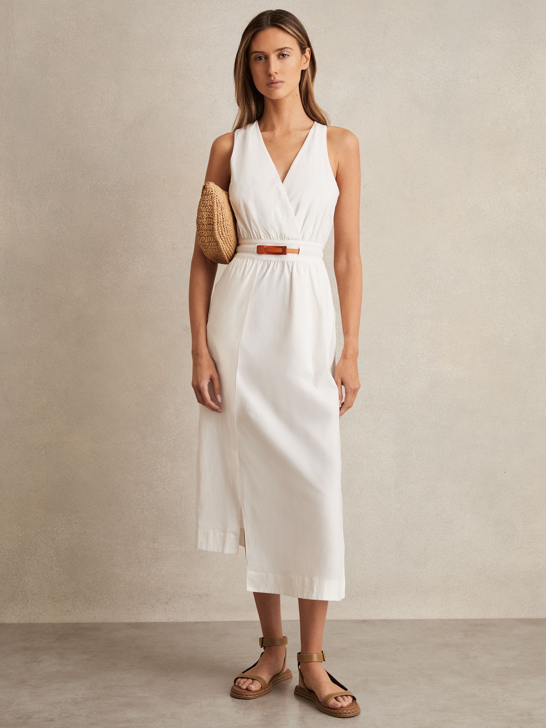 Petite Poplin Belted Split Midi Dress in Ivory