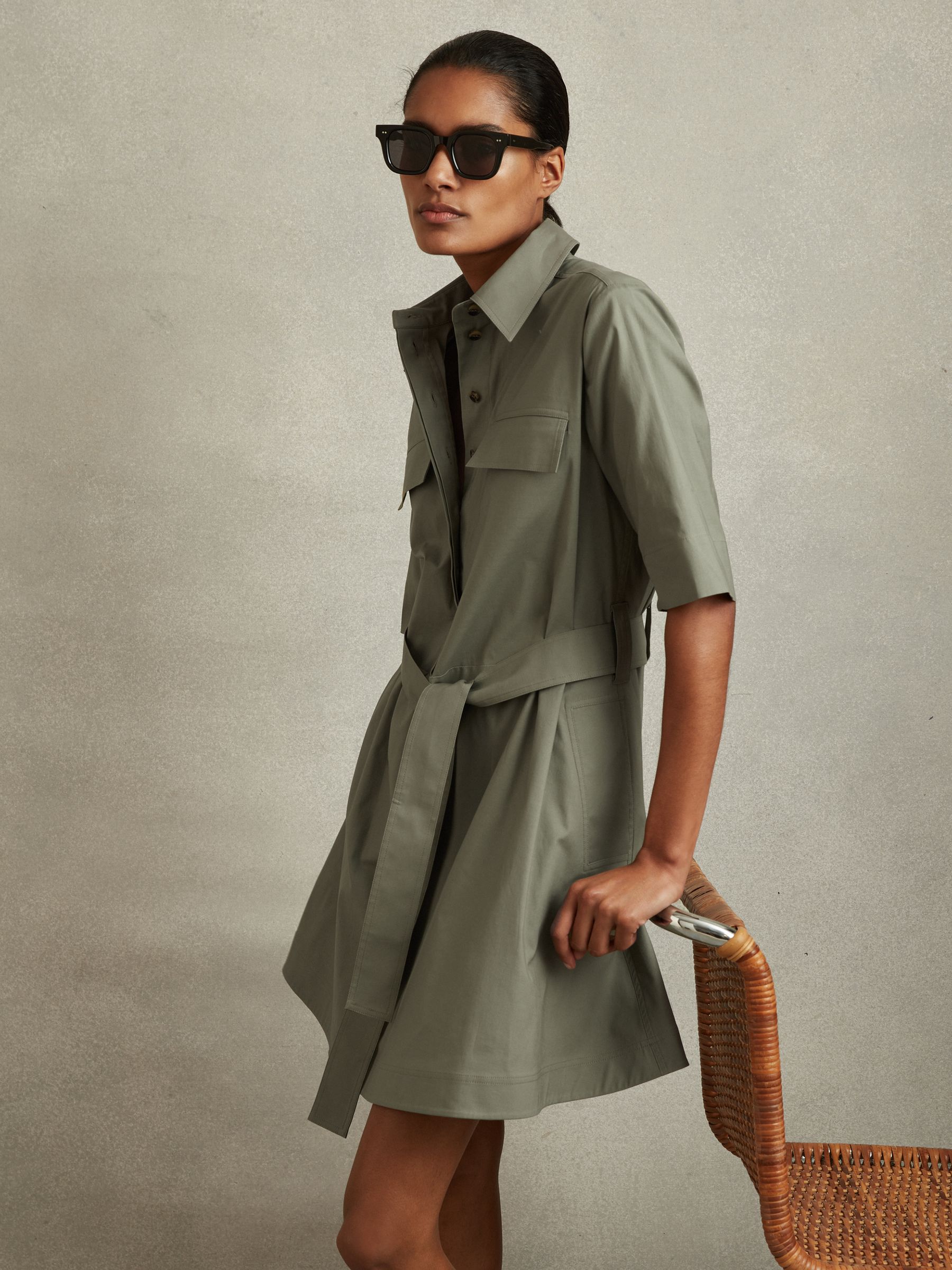 Pleated Belted Mini Dress in Khaki