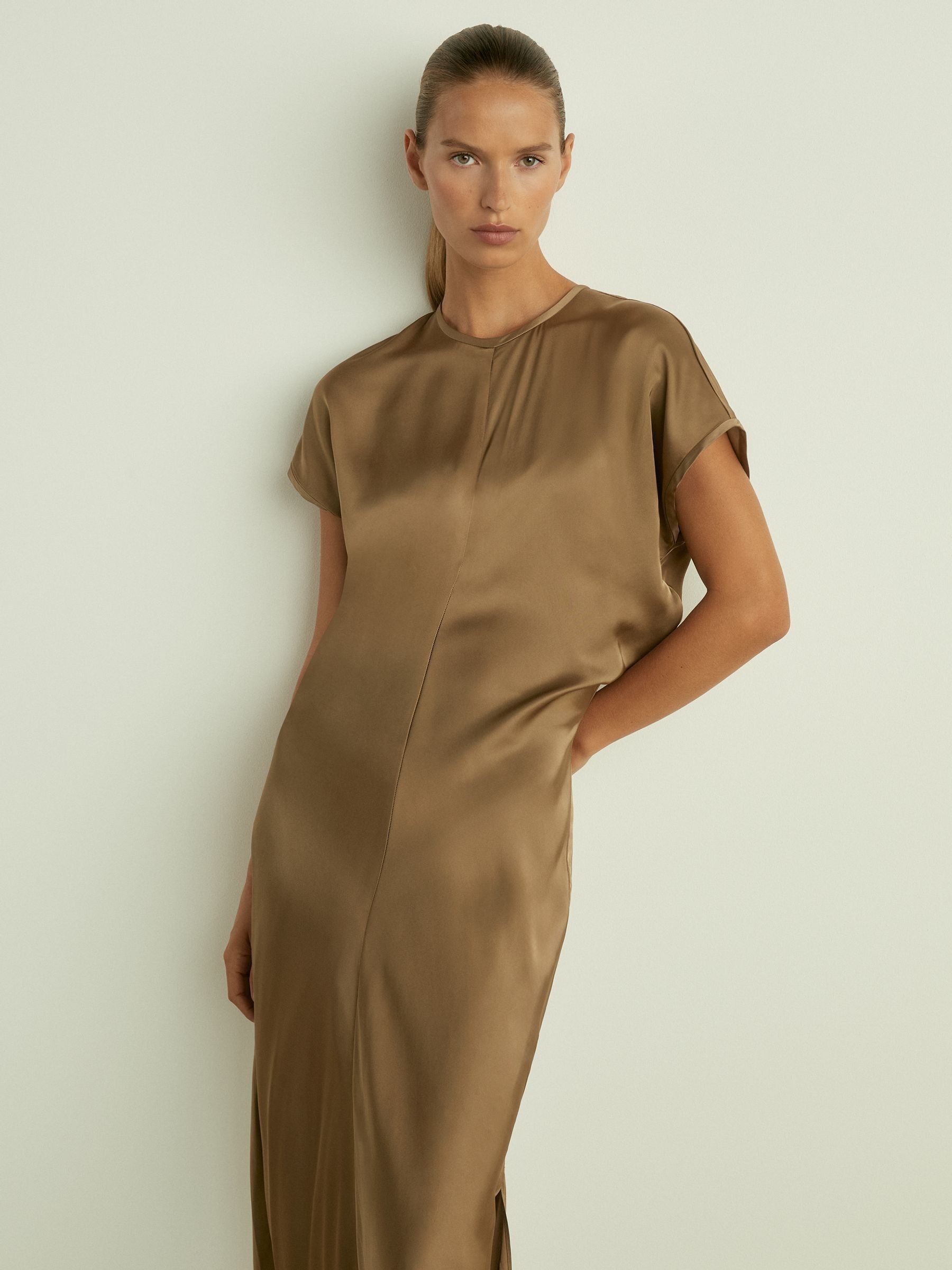Satin Short-Sleeve Midi Dress in Khaki
