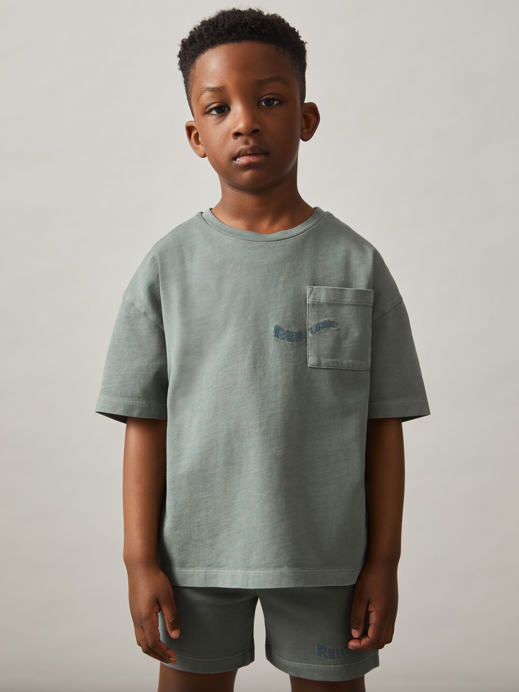 13-14 yrs Cotton Palm-Embroidery Oversize T-Shirt in Washed Sage