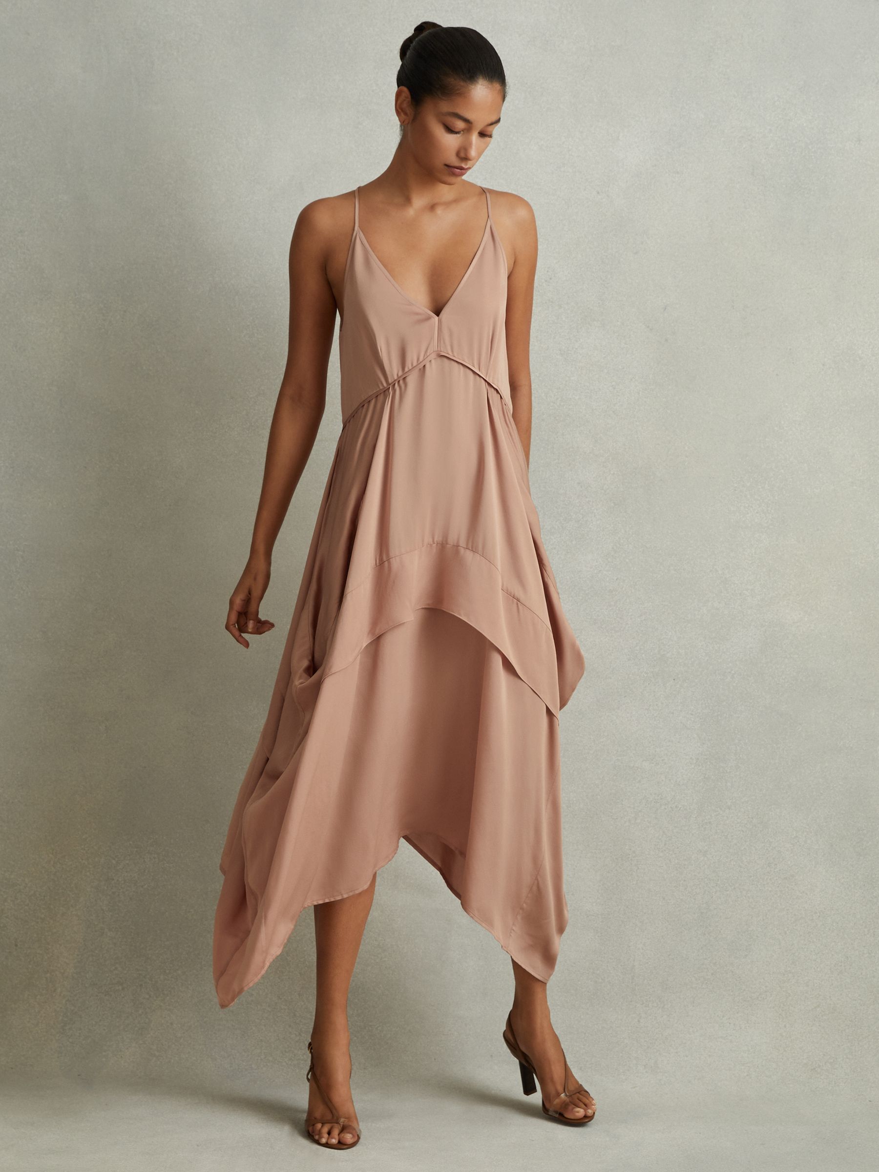Viscose Side Pleat Asymmetric Midi Dress in Nude