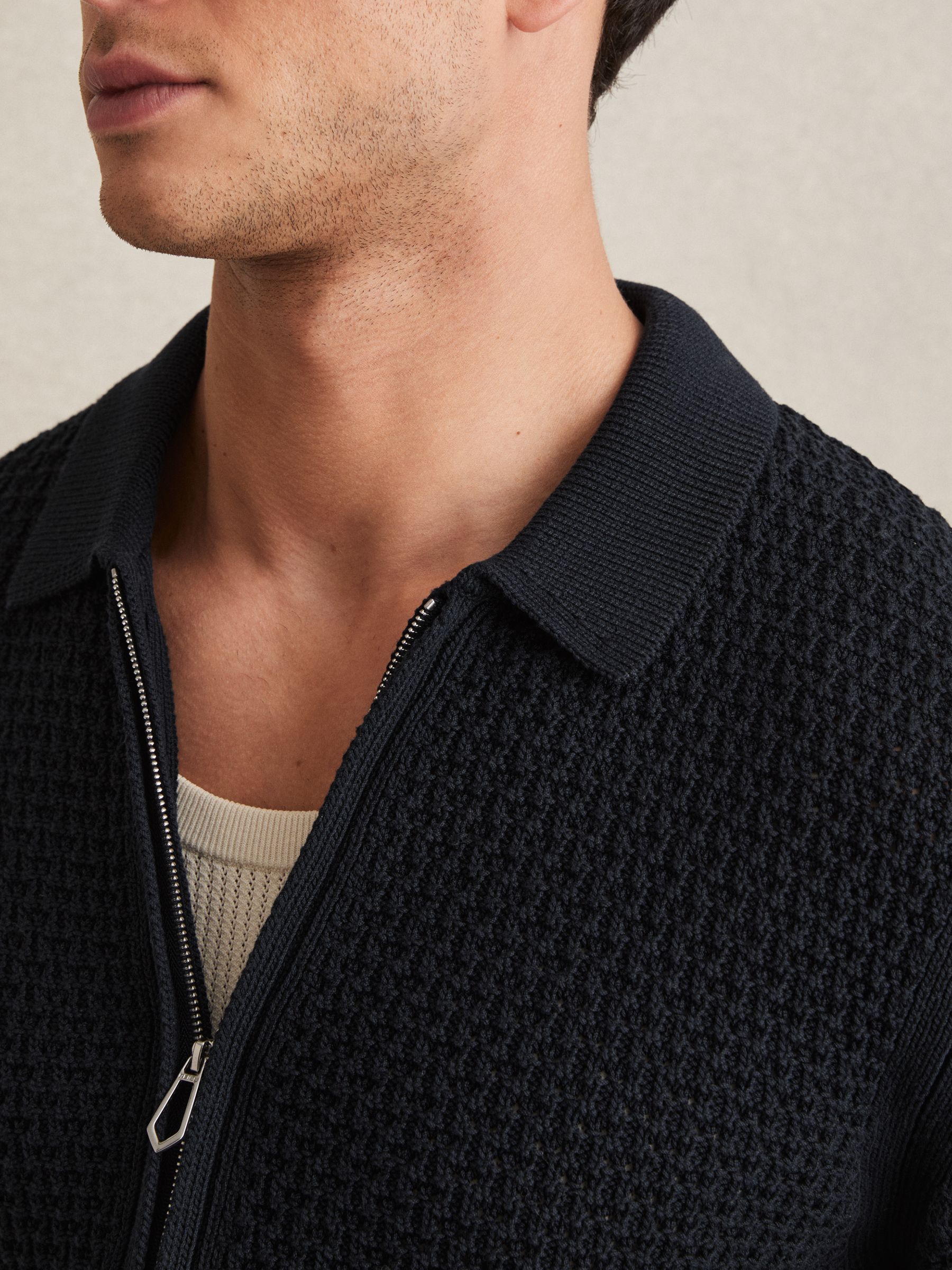 Textured-Knit Zip-Through Shirt in Navy