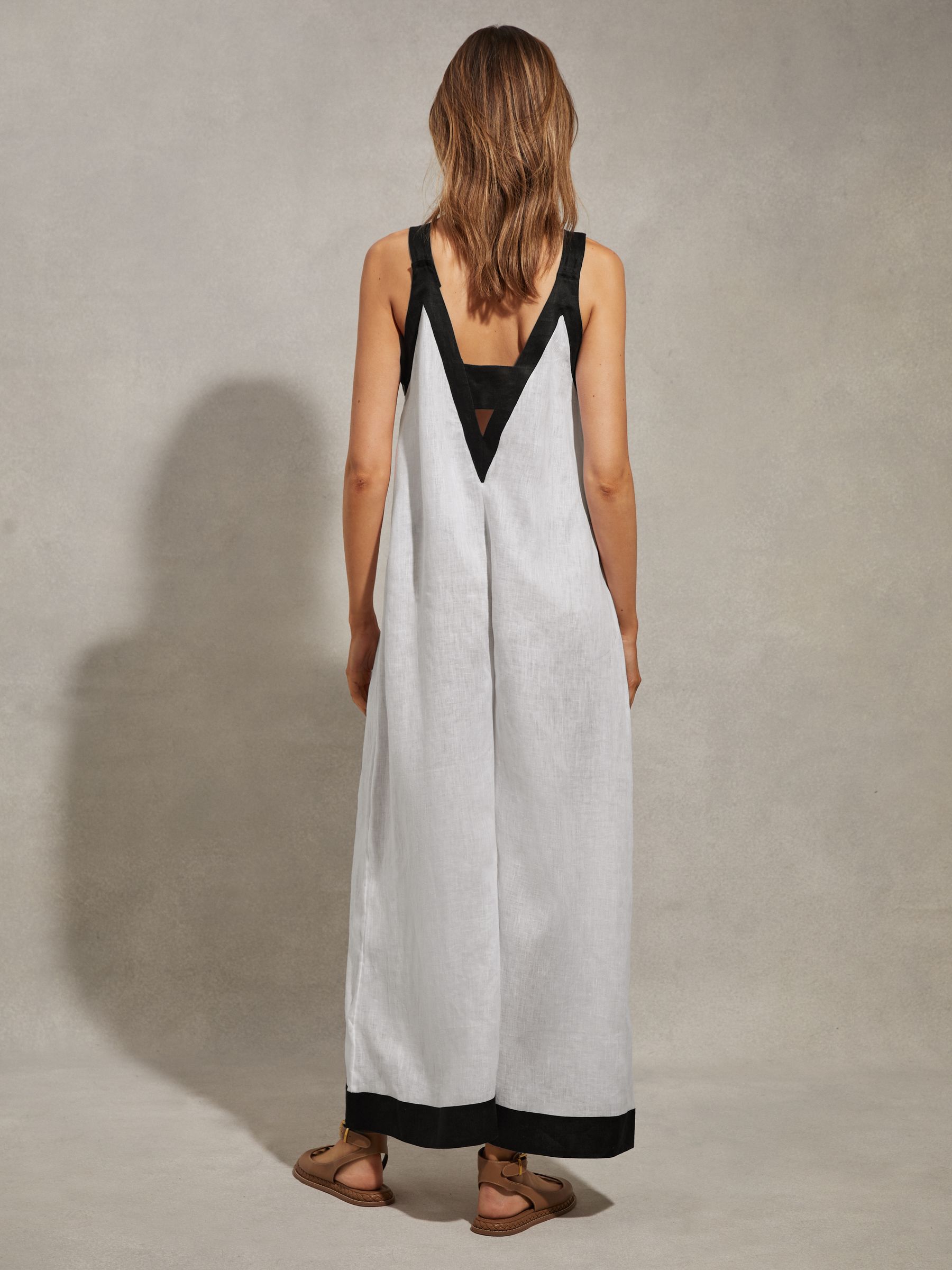 Linen Wide Leg Playsuit in White/Navy