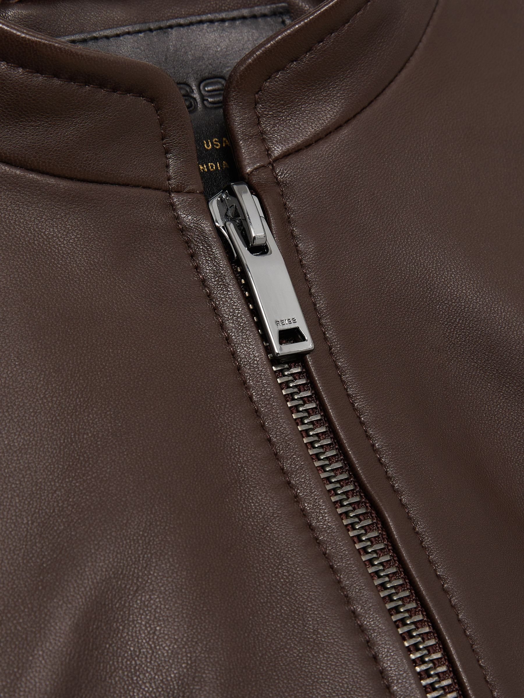 Leather Collarless Biker Jacket in Chocolate Brown