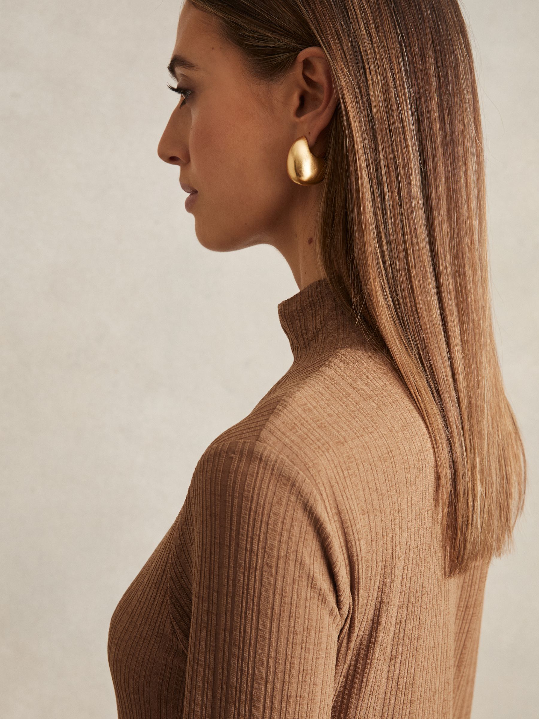 Jersey Ribbed Flared Mini Dress in Camel