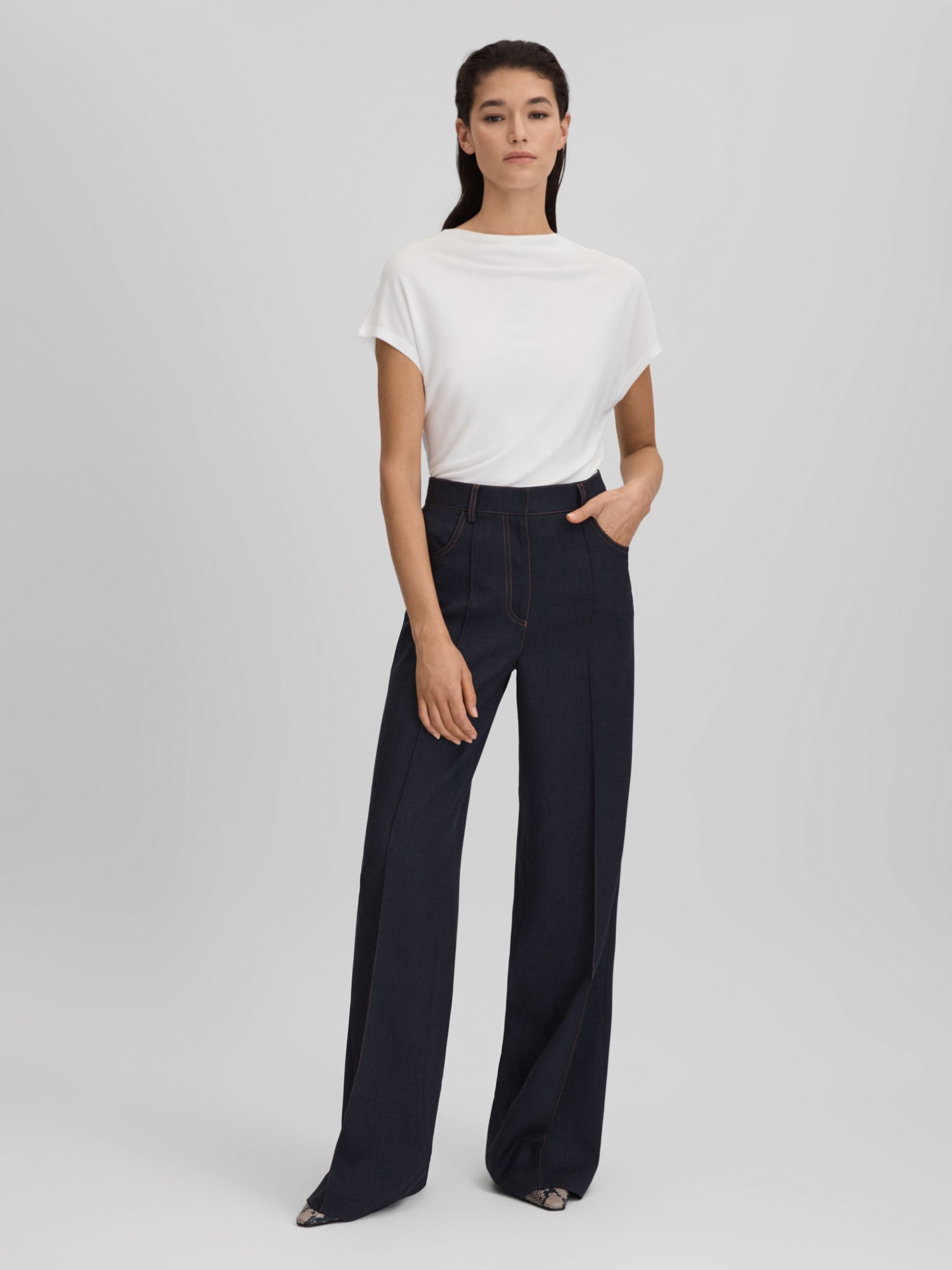 Wool Blend Denim Look Suit Trousers in Navy
