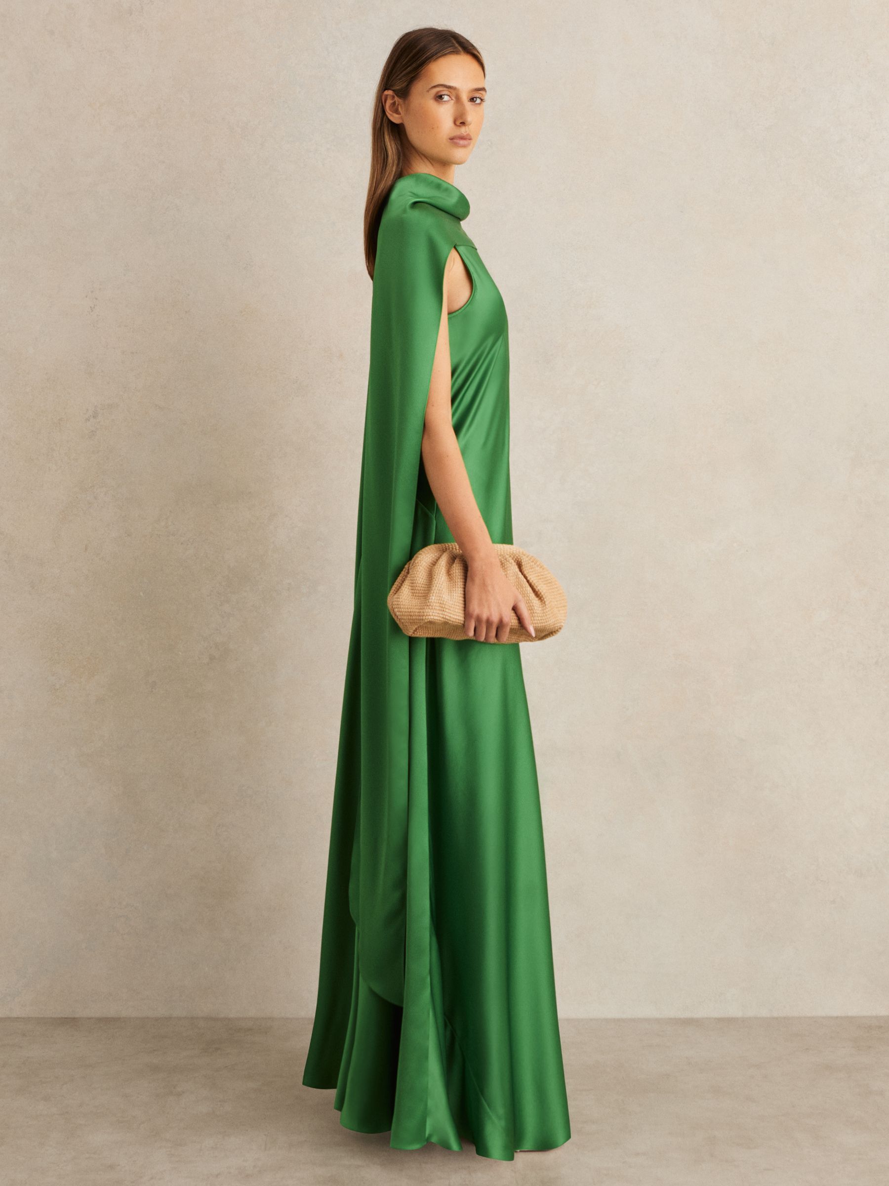 Petite Satin Cape Maxi Dress in Green