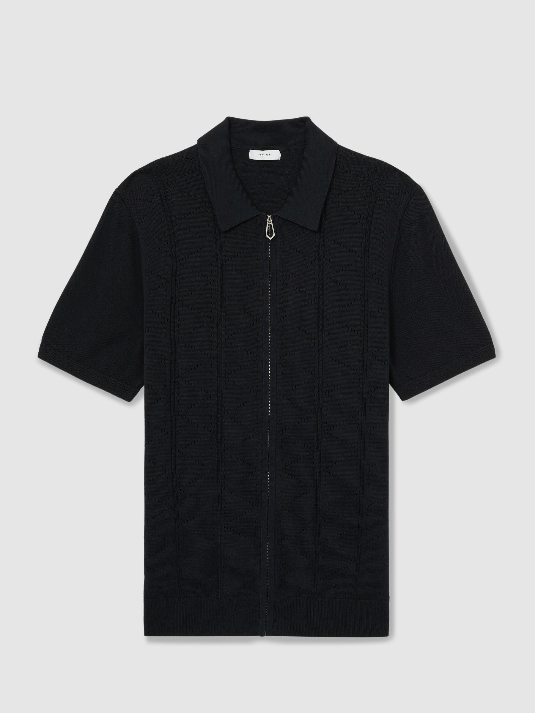 Pointelle-Knit Zip-Through Shirt in Navy