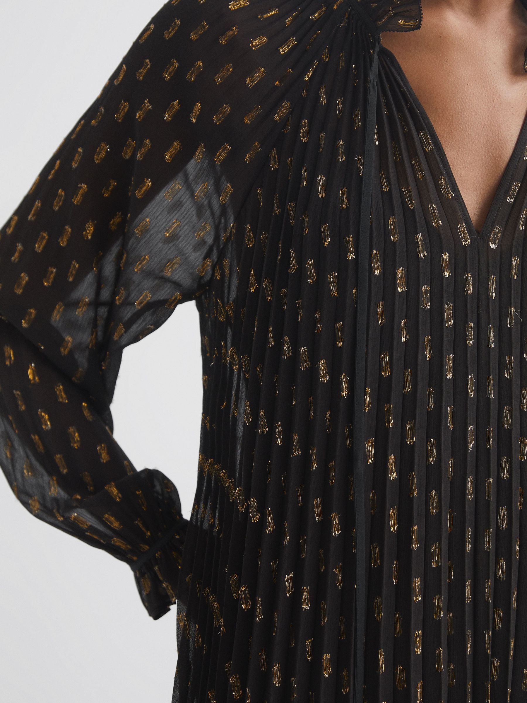 Florere Sheer Metallic Long Sleeve Brown Midi Dress in Brown