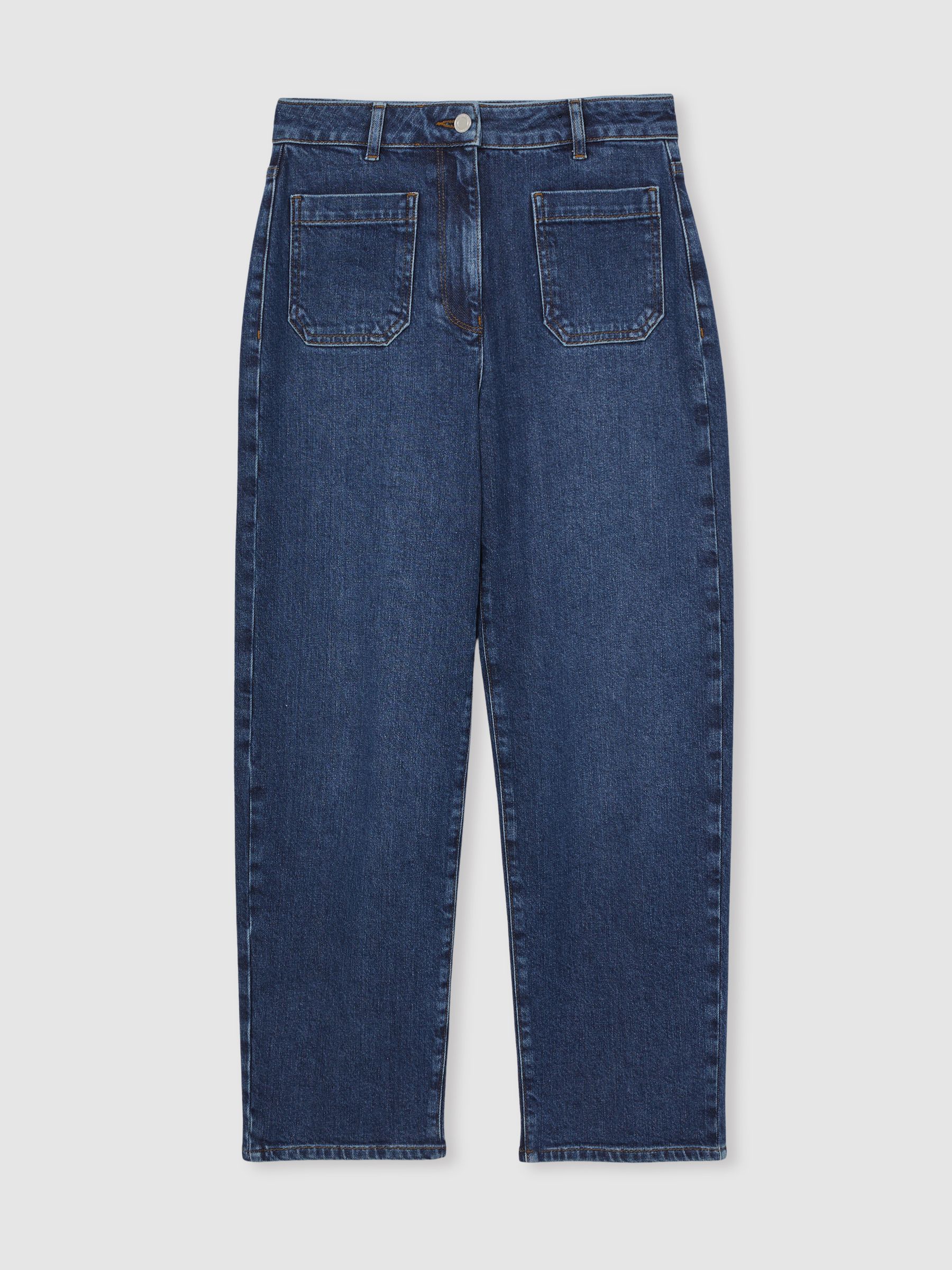 Petite Straight Leg Patch Pocket Jeans in Mid Blue