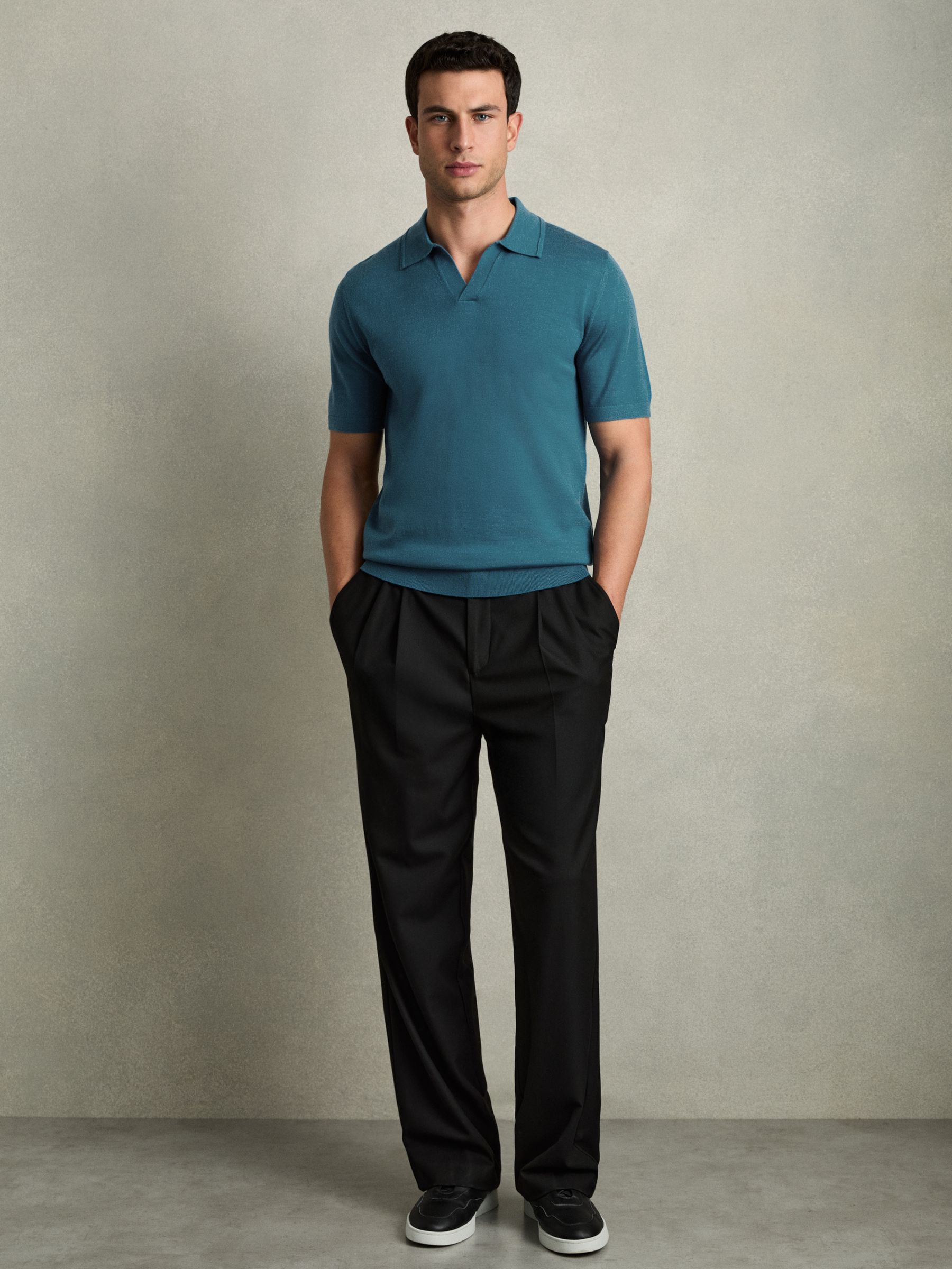 Merino Wool Open Collar Polo Shirt in Deep Teal Blue