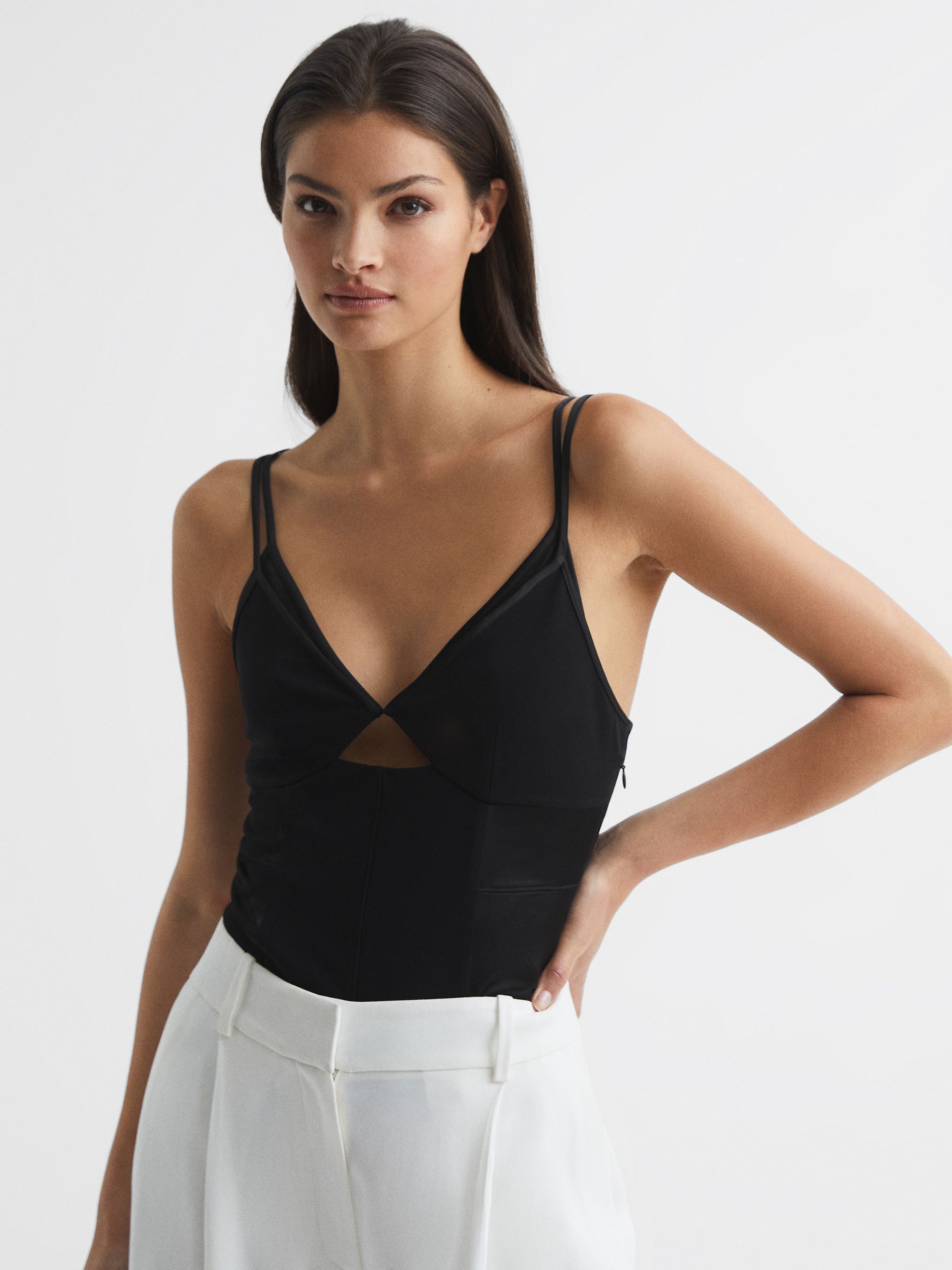 Mesh Contrast Strappy Cami Top in Black