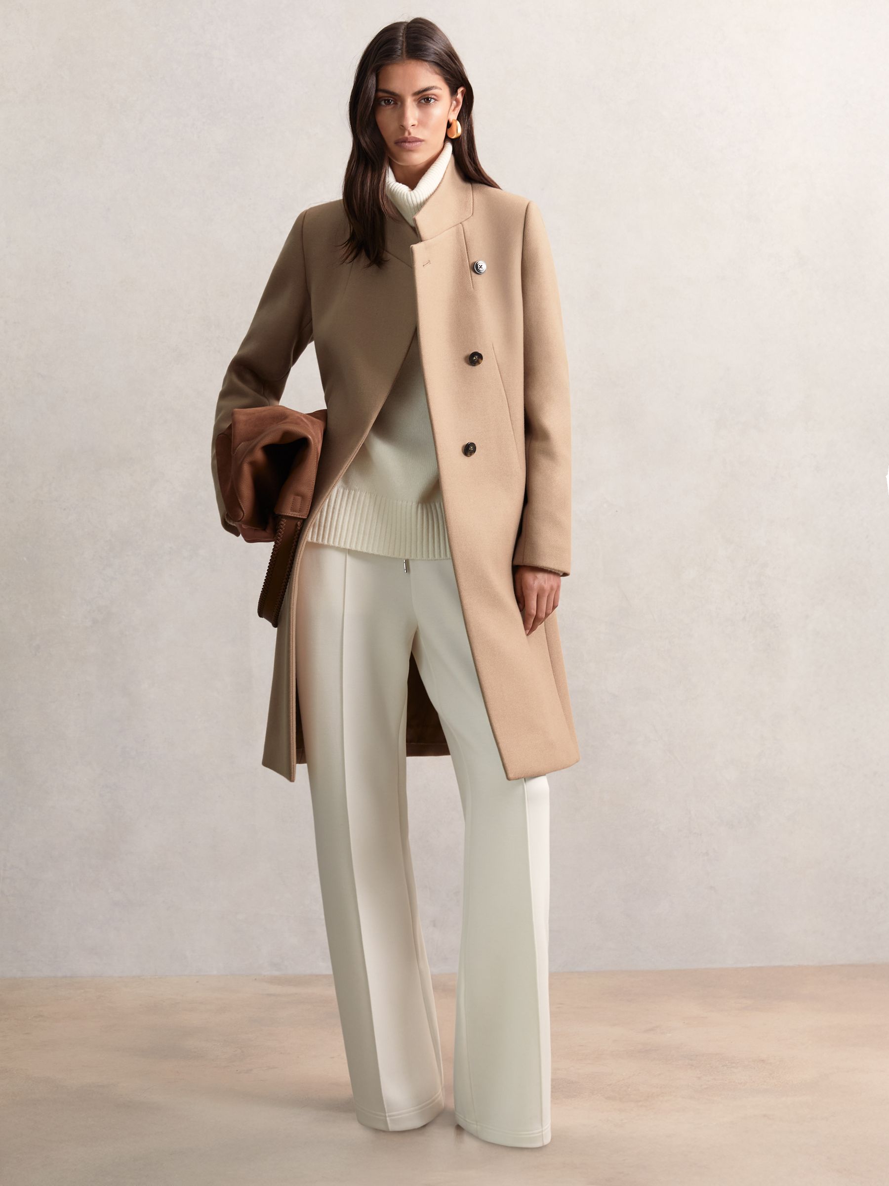 Wool-Blend Wrapover Mid-Length Coat in Camel