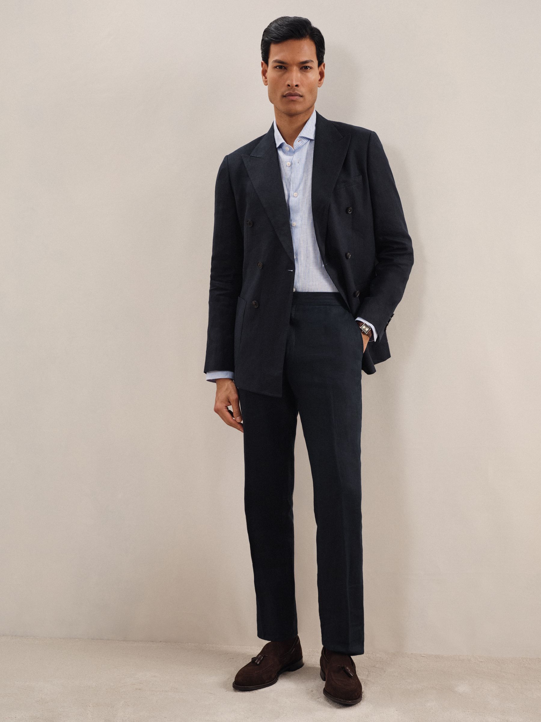 Linen Double-Breasted Suit Slim-Fit Blazer in Navy
