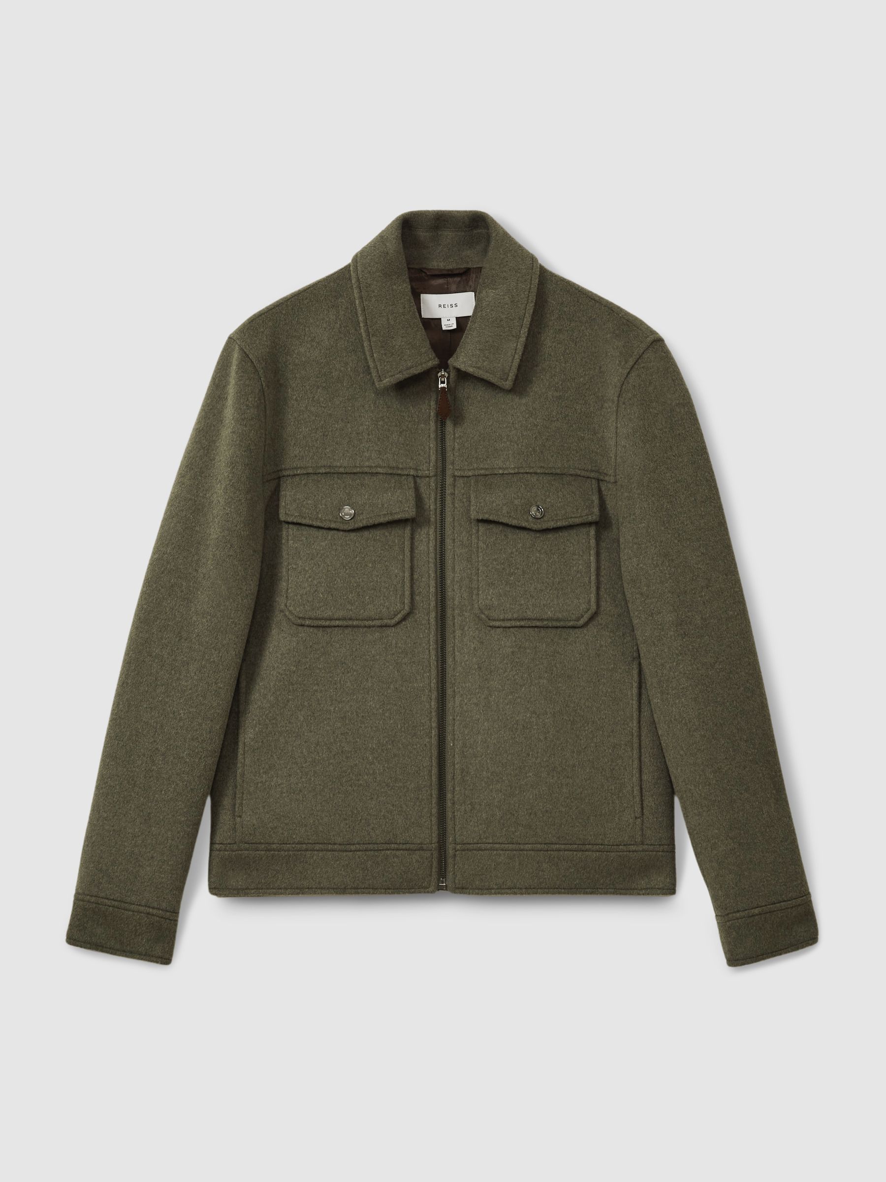 Zip-Through Trucker Jacket with Wool in Green Smoke