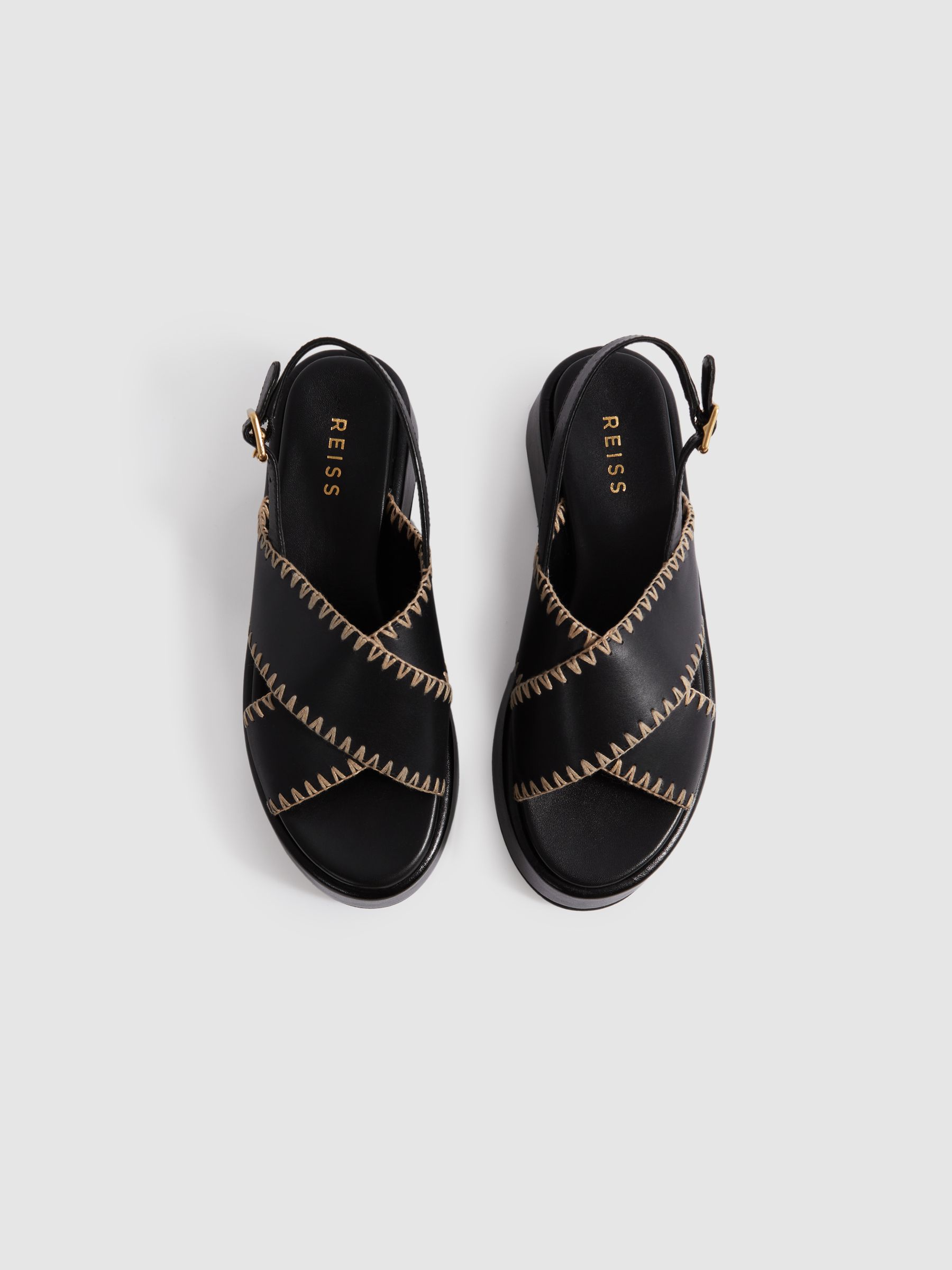 Leather Raffia Stitch Platform Sandals in Black