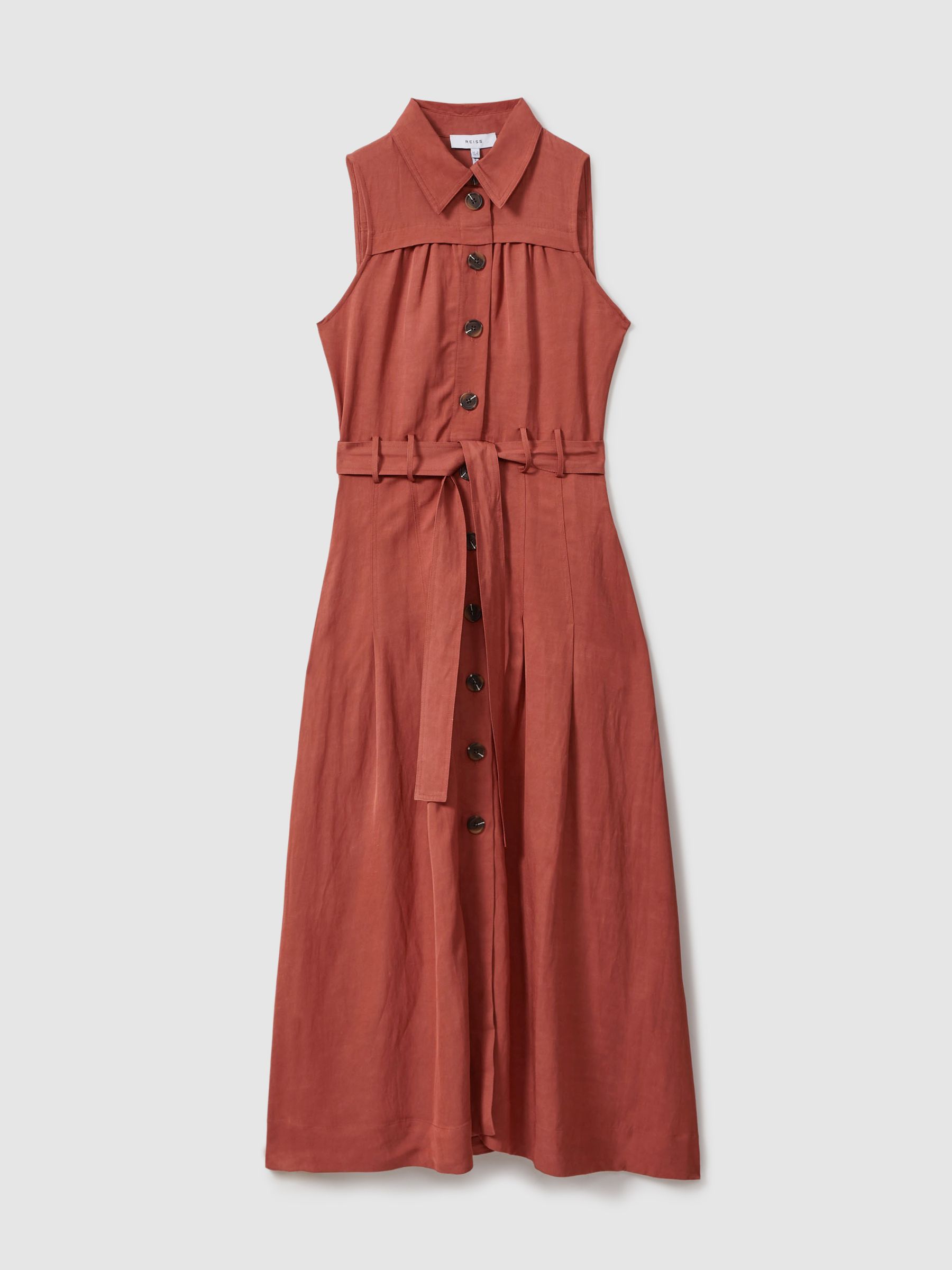 Heidi Rust Viscose-Linen Belted Midi Dress