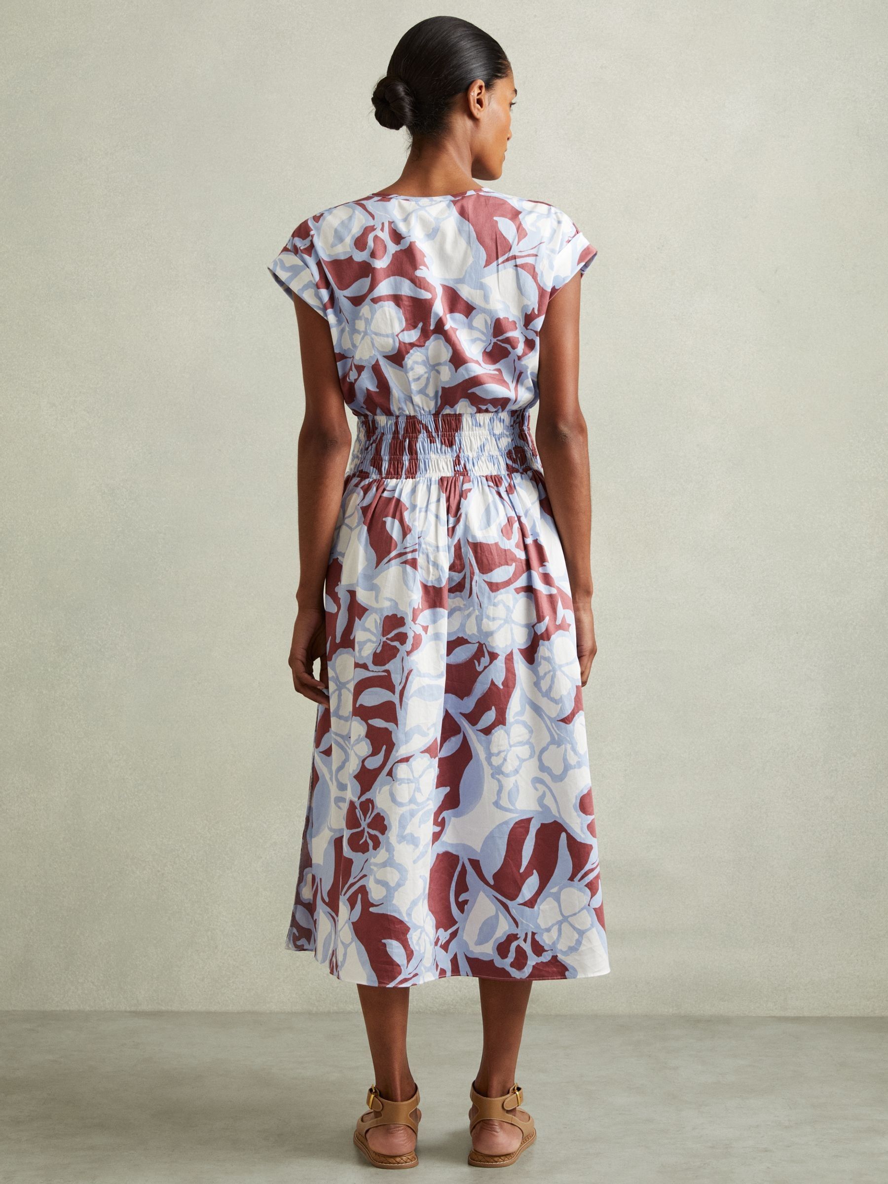 100% Cotton Poplin Floral-Print Midi Dress in Blue