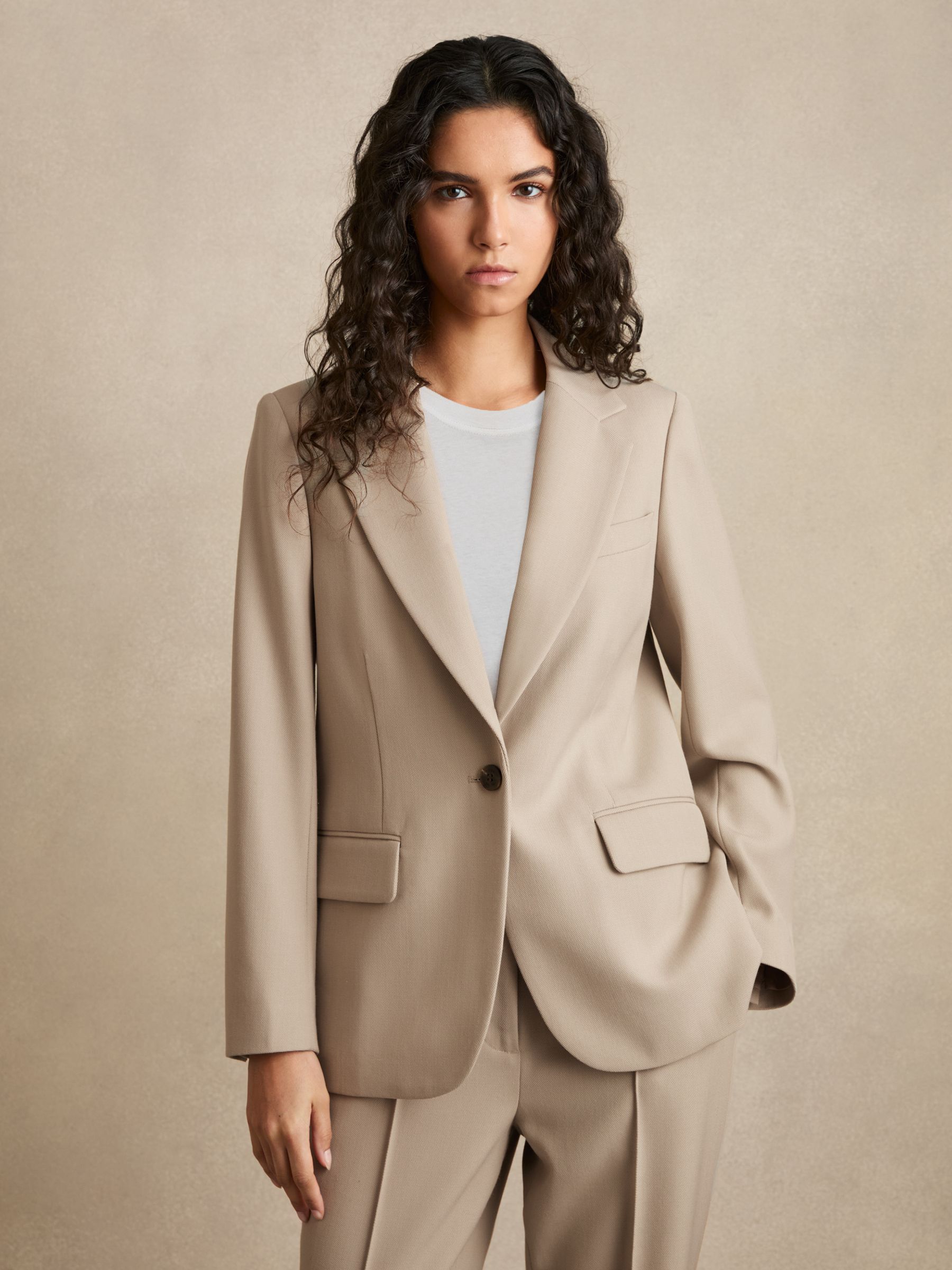 Single-Breasted Textured Suit Jacket Wool-Blend in Neutral