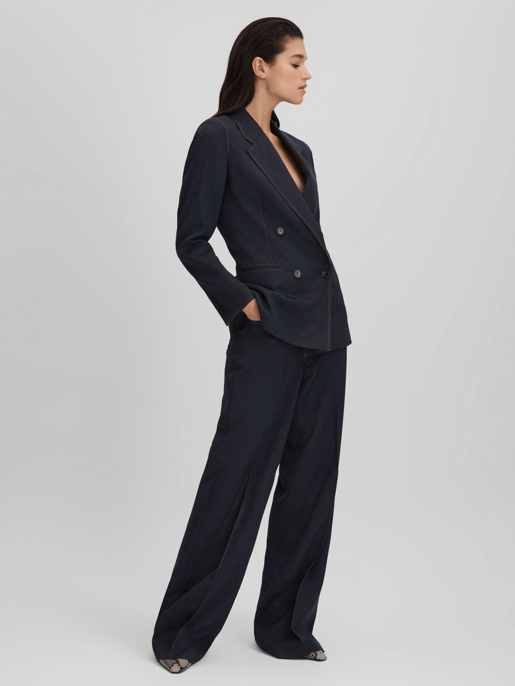Wool Blend Denim Look Suit Trousers in Navy