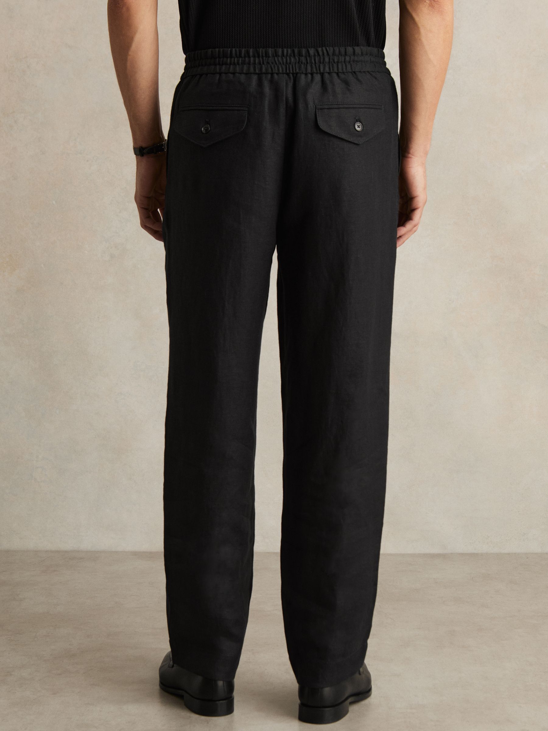 Linen Drawstring Relaxed-Fit Trousers in Black